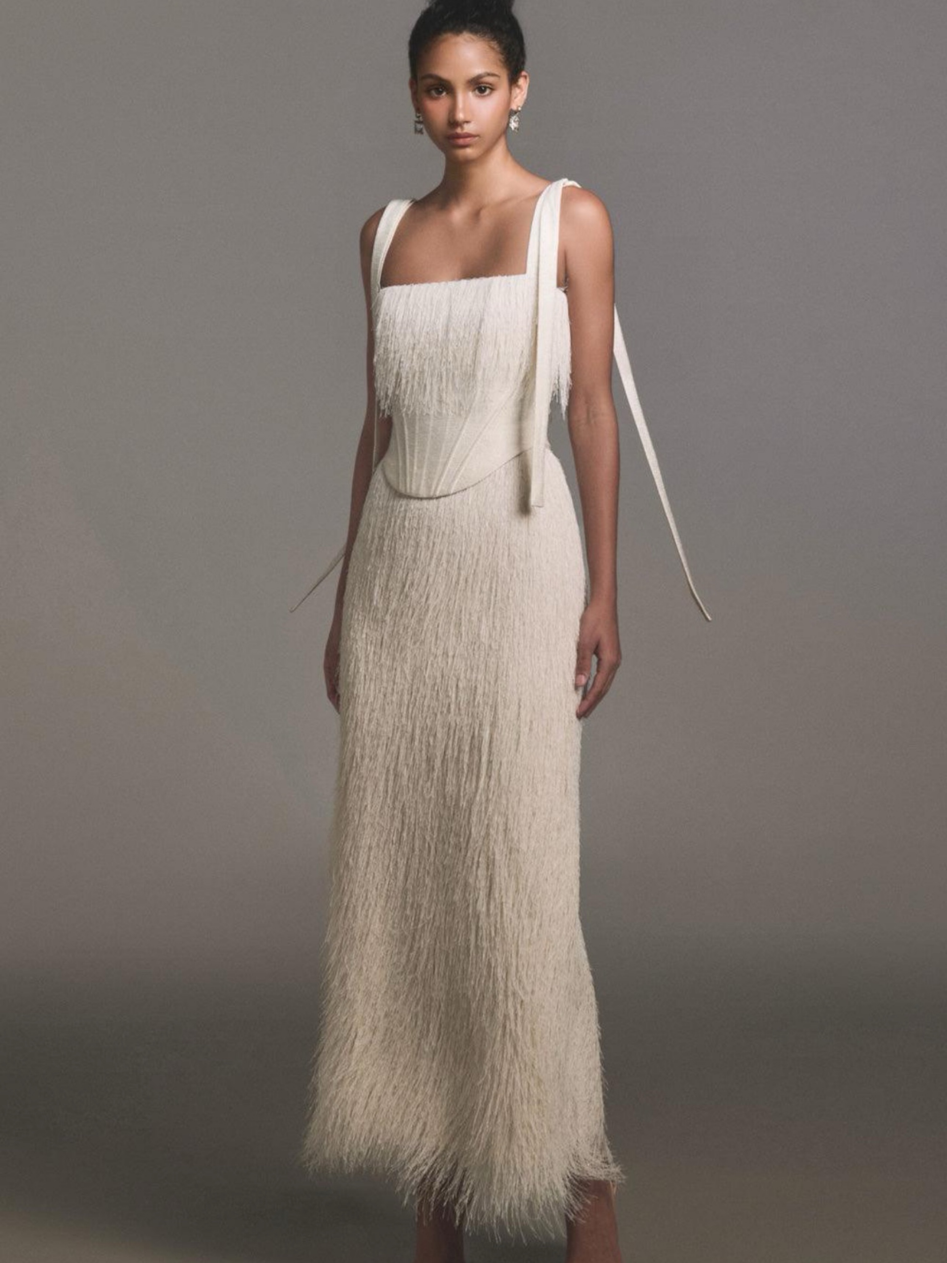 Cream Textured Fringe Midi Dress — White Andrea Dress from Montsand