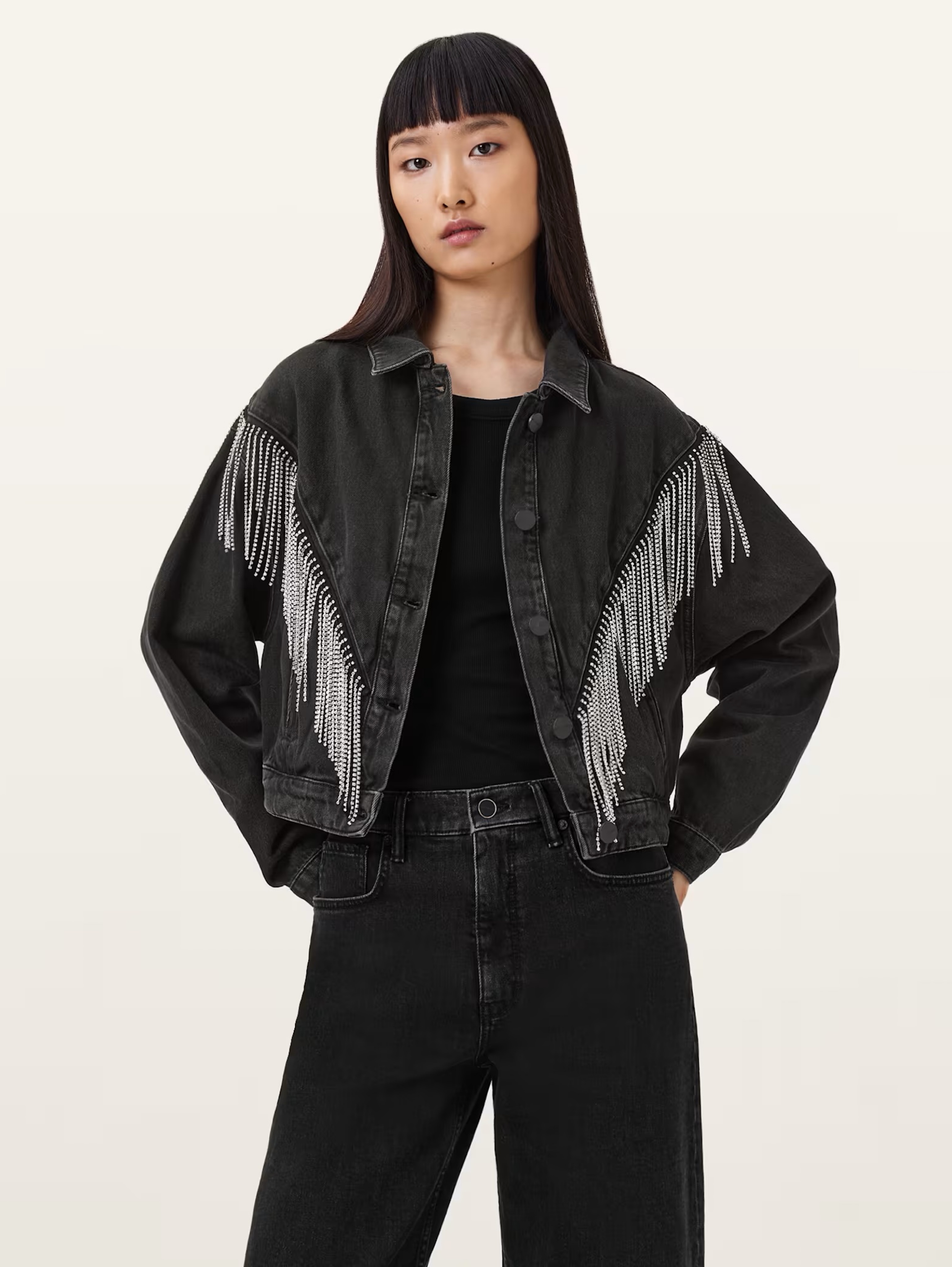 AllSaints Marlene Embellished Fringe Jean Jacket