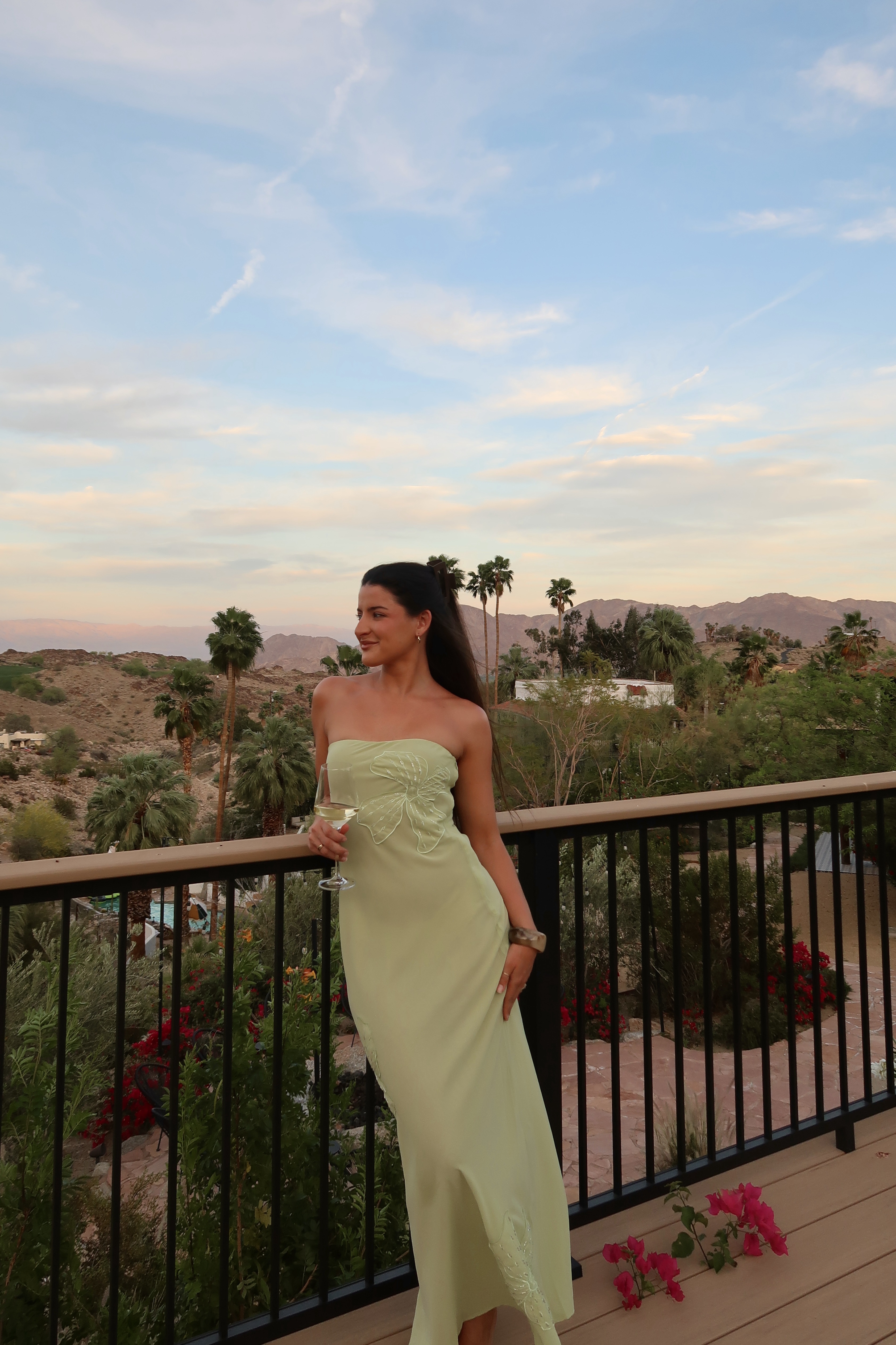 Maxi light green dress with beaded flowers