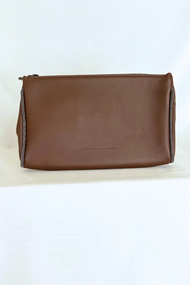 Brunello Cucinelli Brown Leather Zip Clutch with Monili Trim