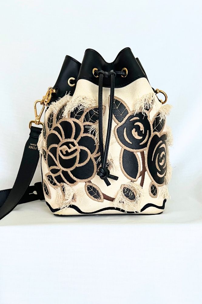 Fendi Floral Embroidered Canvas Bucket Bag with Leather Trim