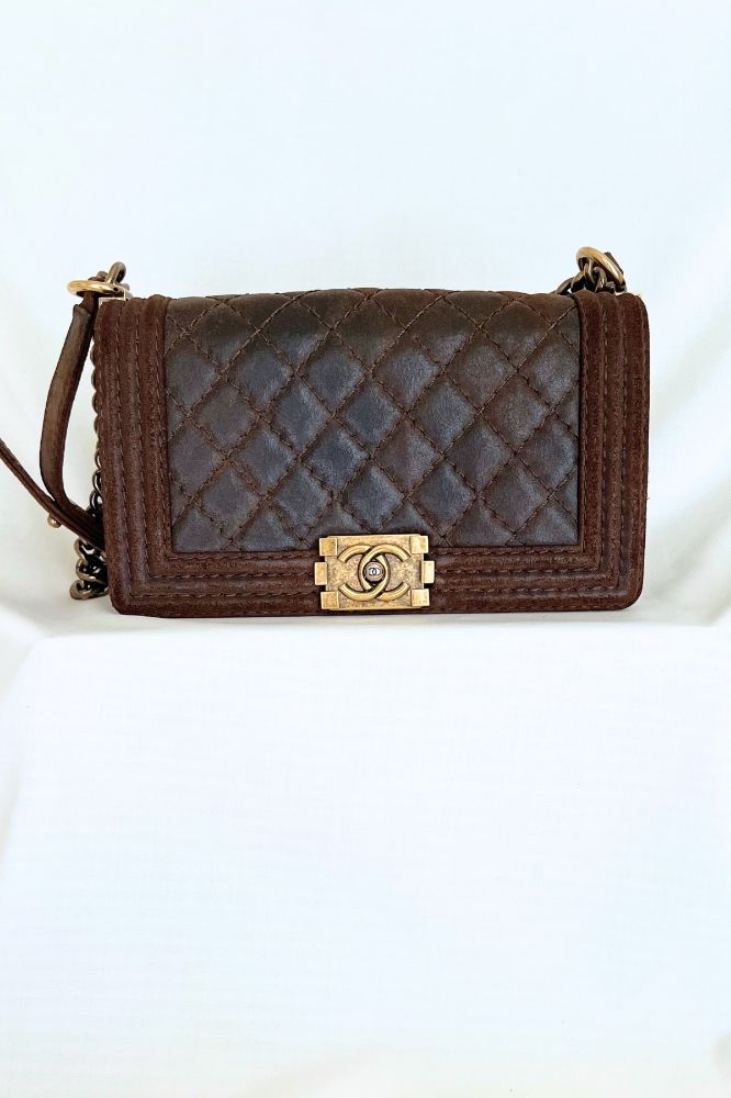 Chanel Boy Bag in Brown Distressed Leather with Ruthenium Hardware