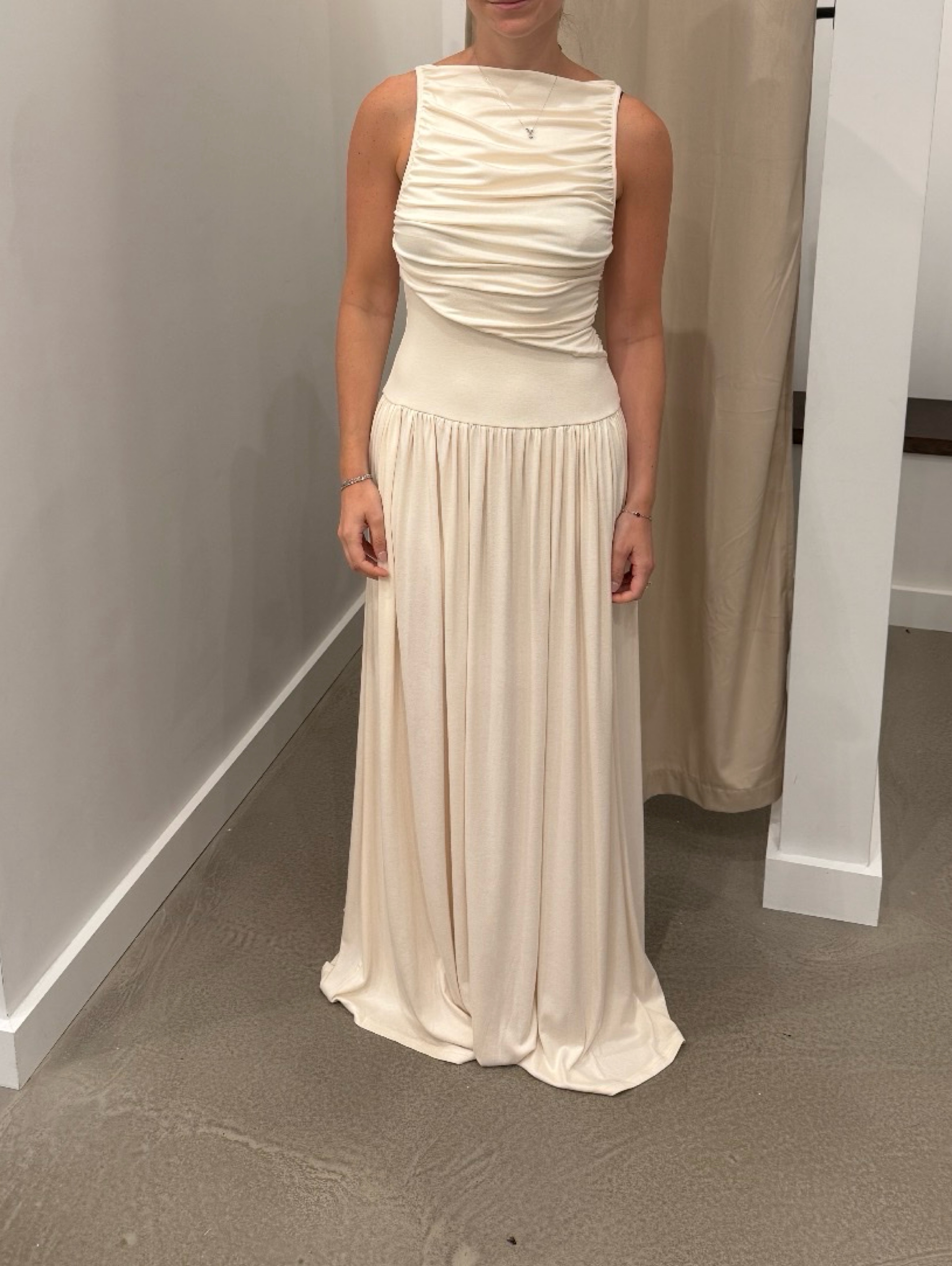 cream jersey maxi dress WAPG Cream Ruched Jersey Maxi Dress by WAPG