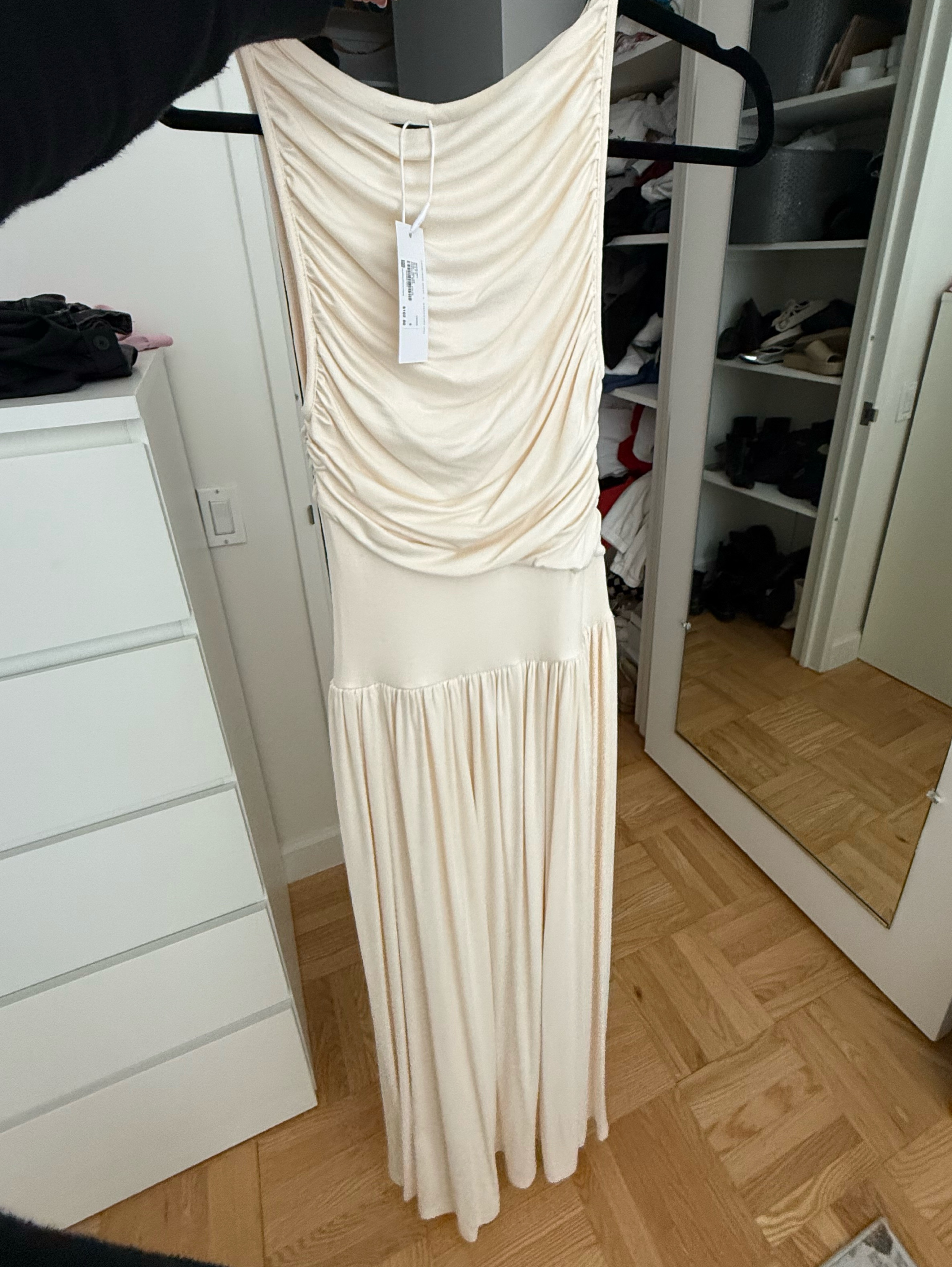 cream jersey maxi dress WAPG Cream Ruched Jersey Maxi Dress by WAPG
