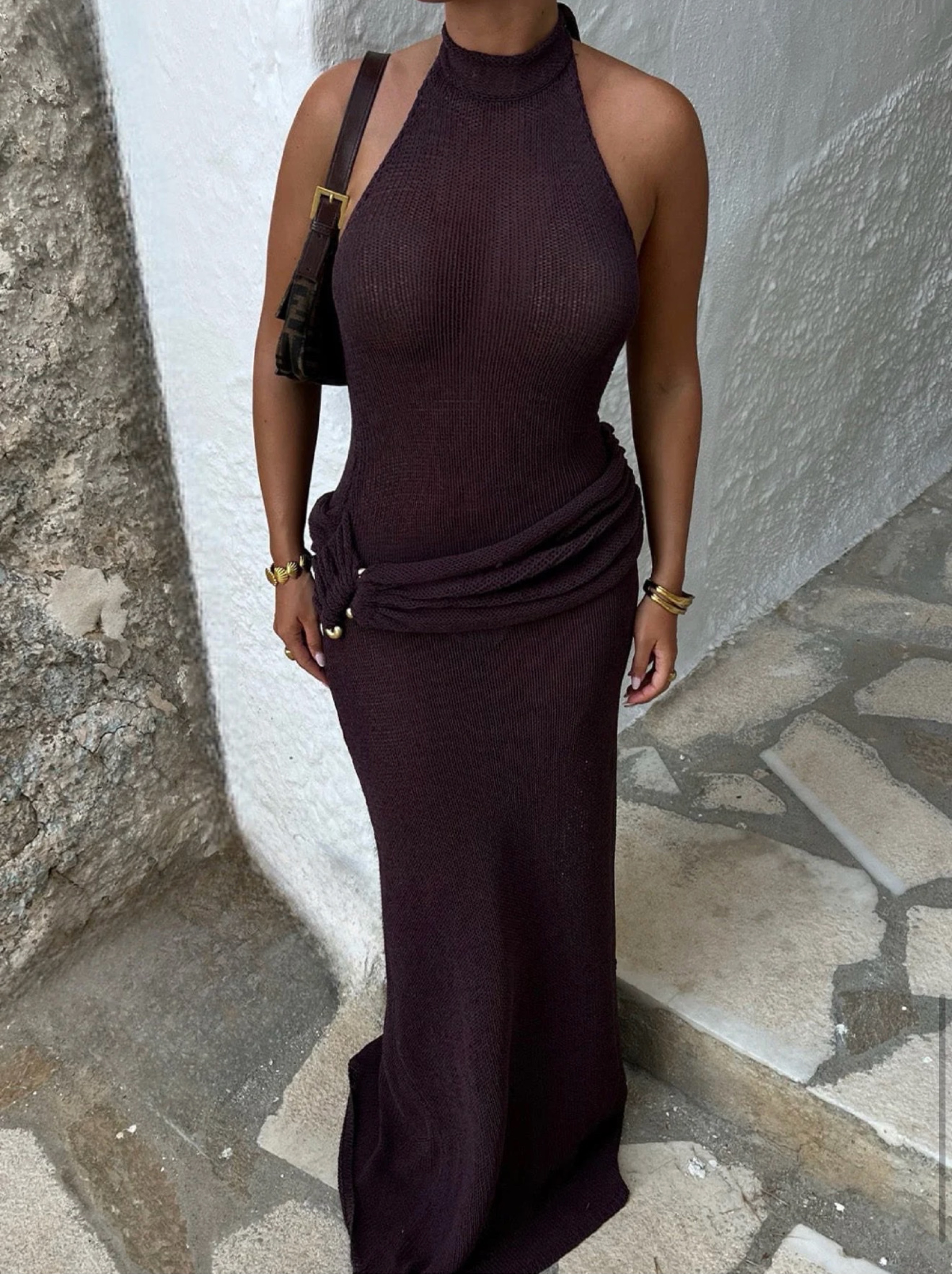 Meshki Burgundy Ribbed Knit Halter Maxi Dress by Meshki - Pickle