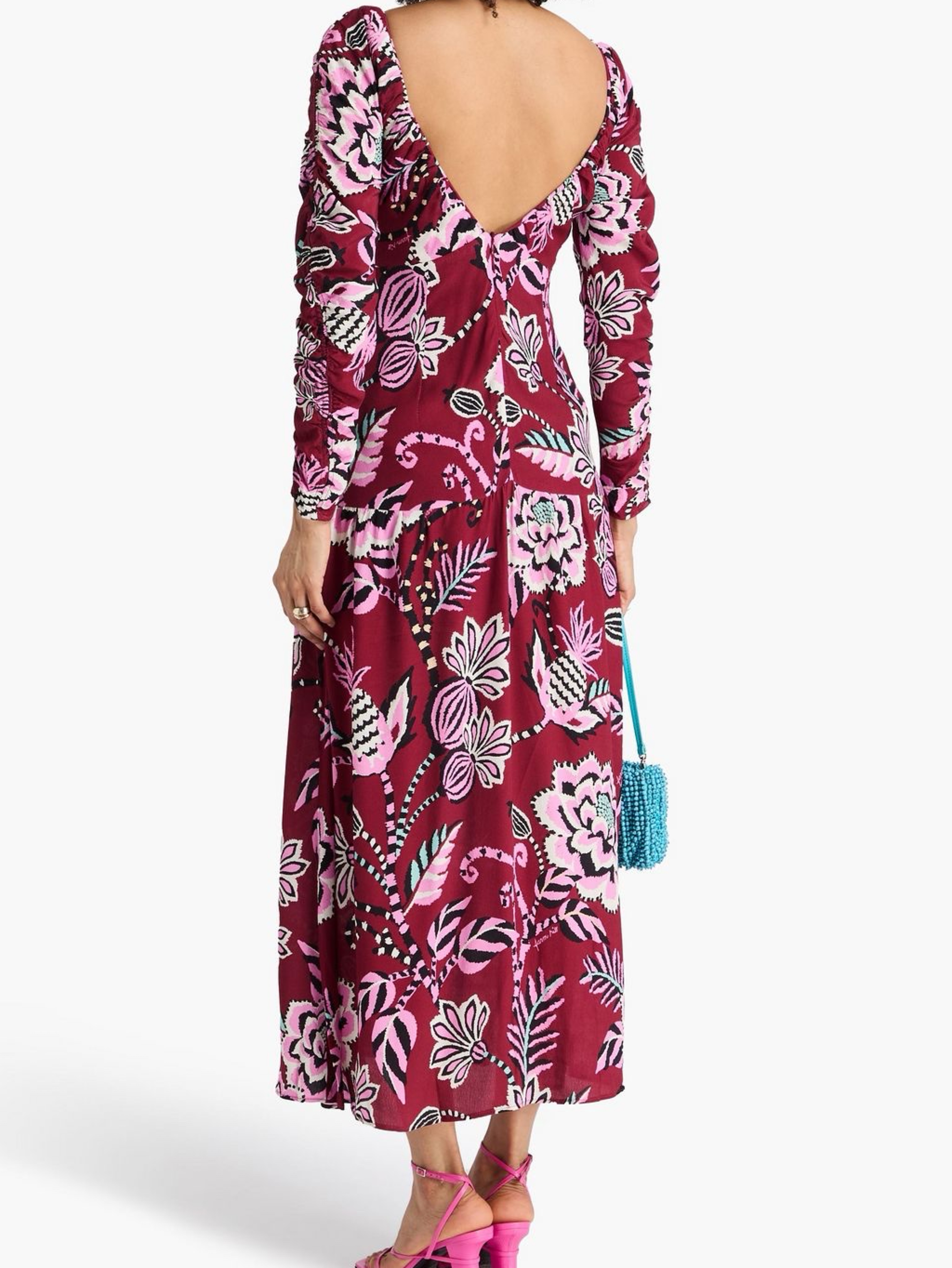 farm rio burgundy dress FARM Rio Dark Magenta Guipire Cut-Out Midi Dress, BURGUNDY / XXS