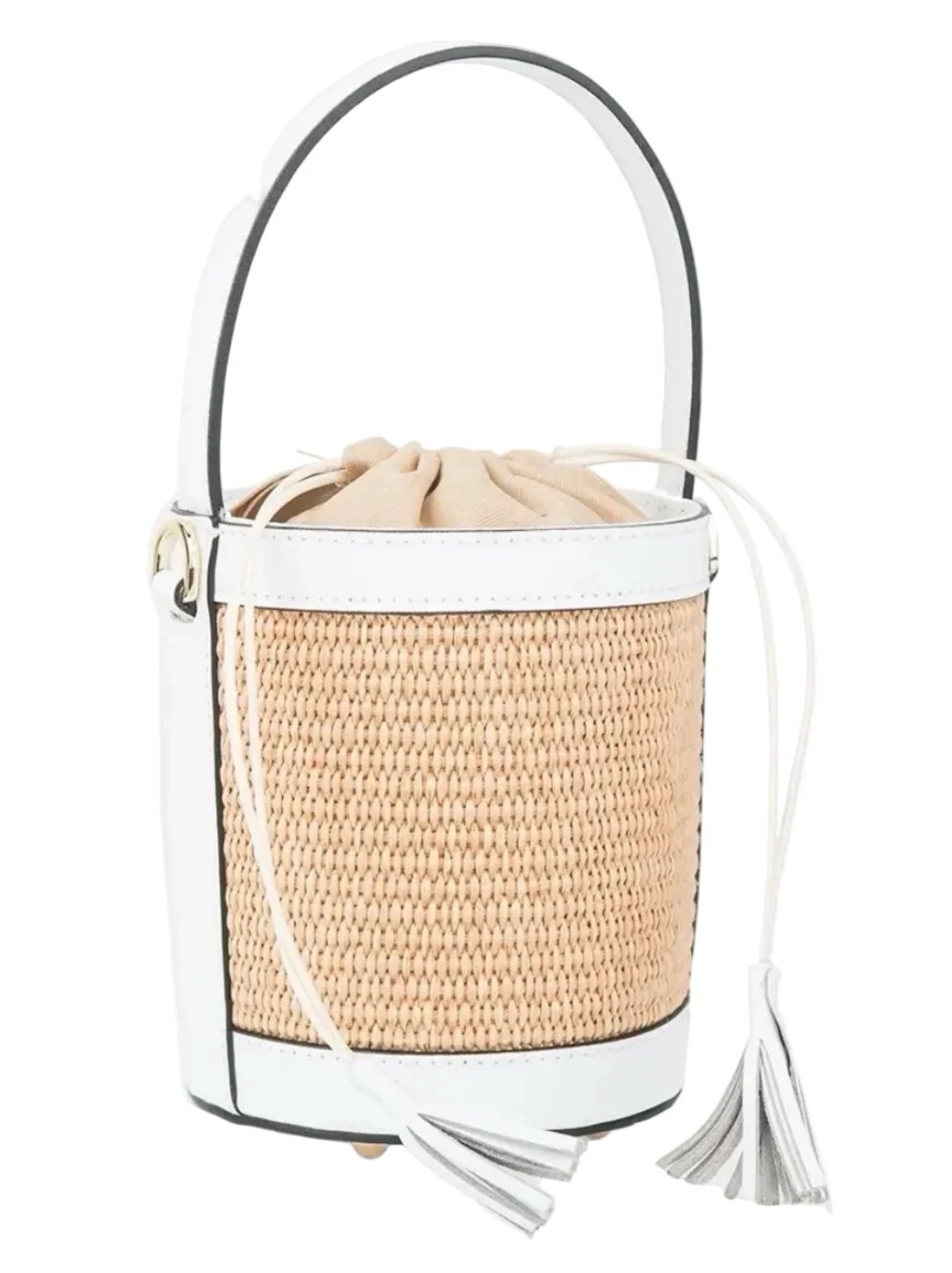 Crochet Bucket Bag with White Leather Trim