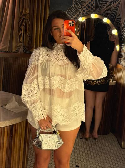 Cream Lace Eyelet Puff Sleeve Top by Unbranded | Pickle