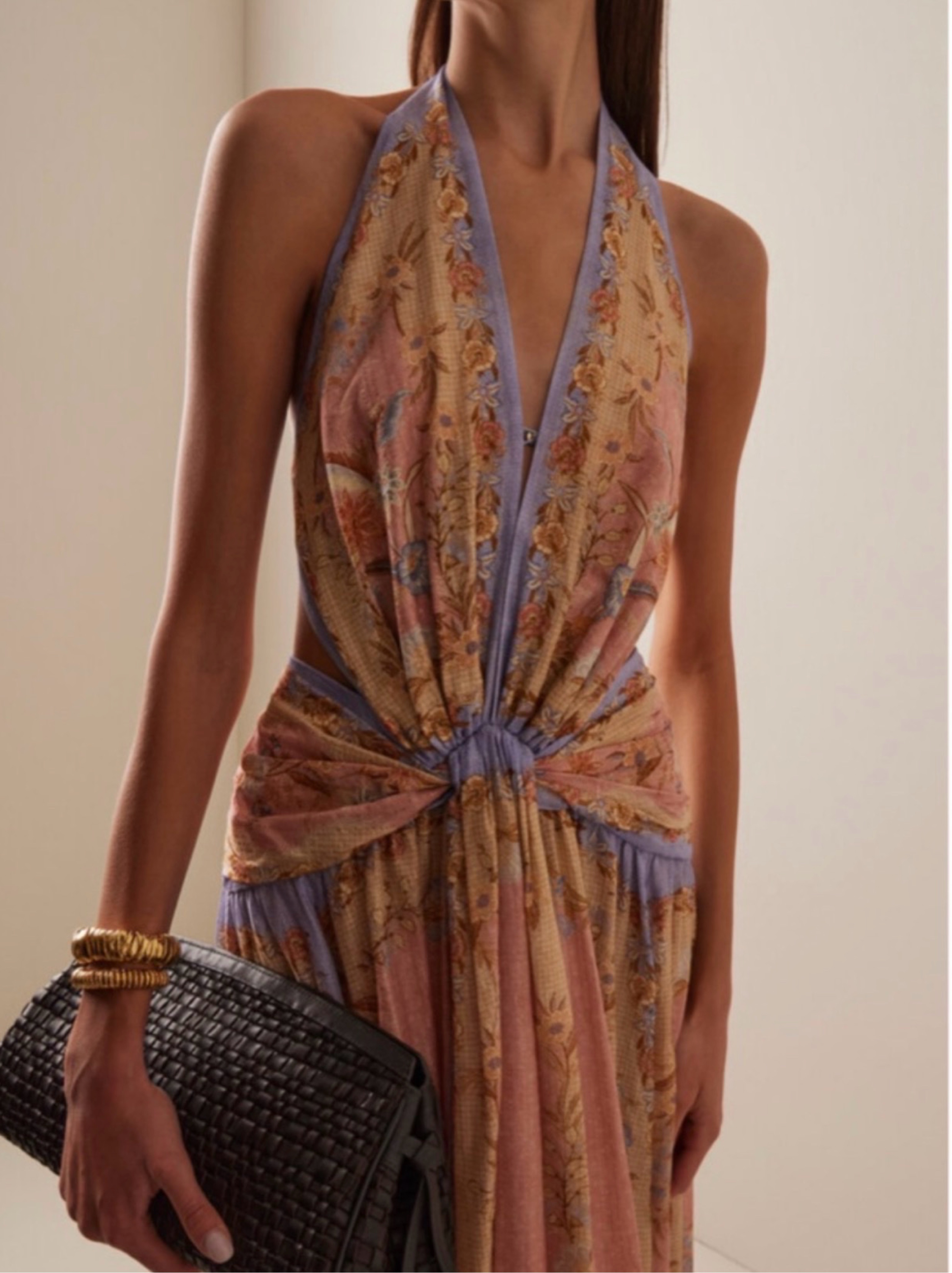 zimmermann silk linen printed fishbone strapless halter dress roselight halter maxi dress