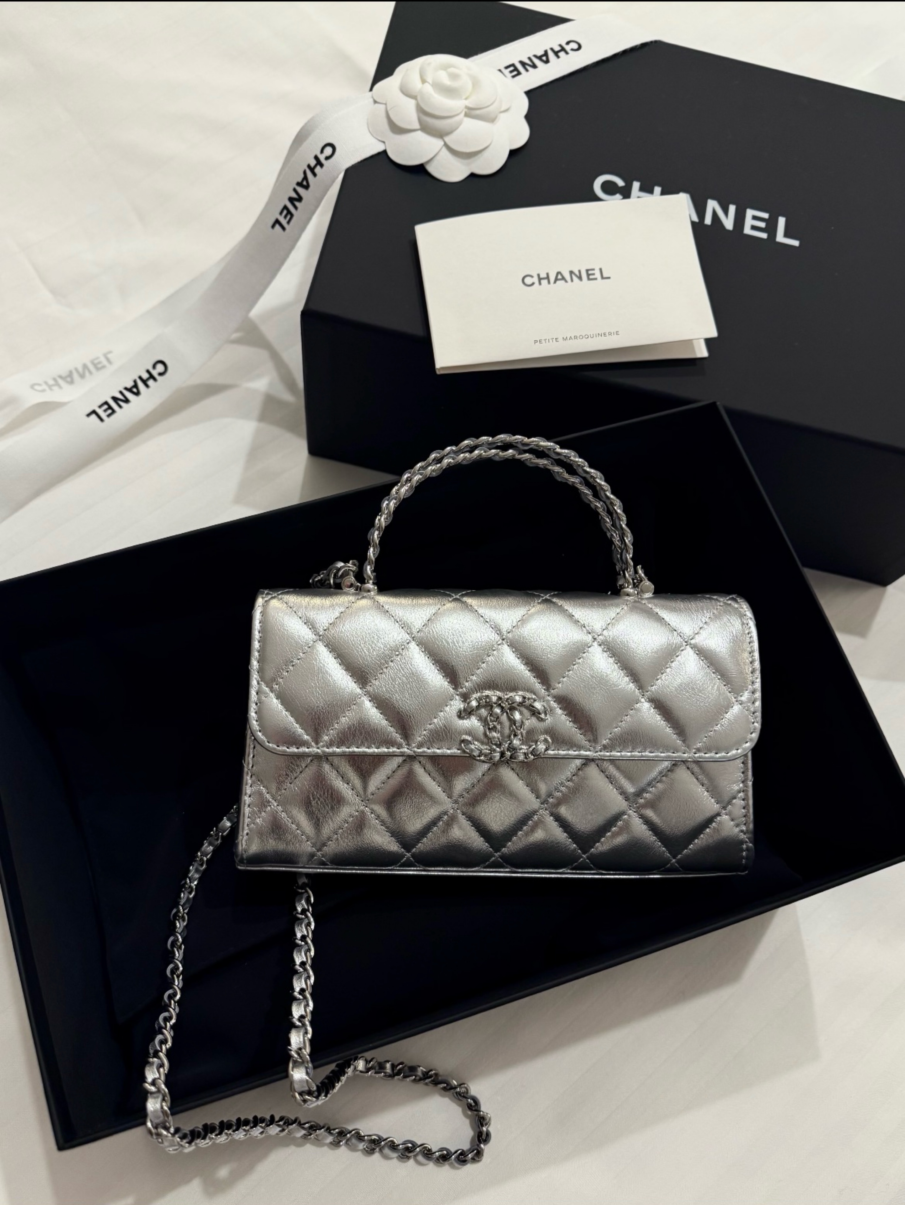 Chanel Silver Quilted Leather Bag