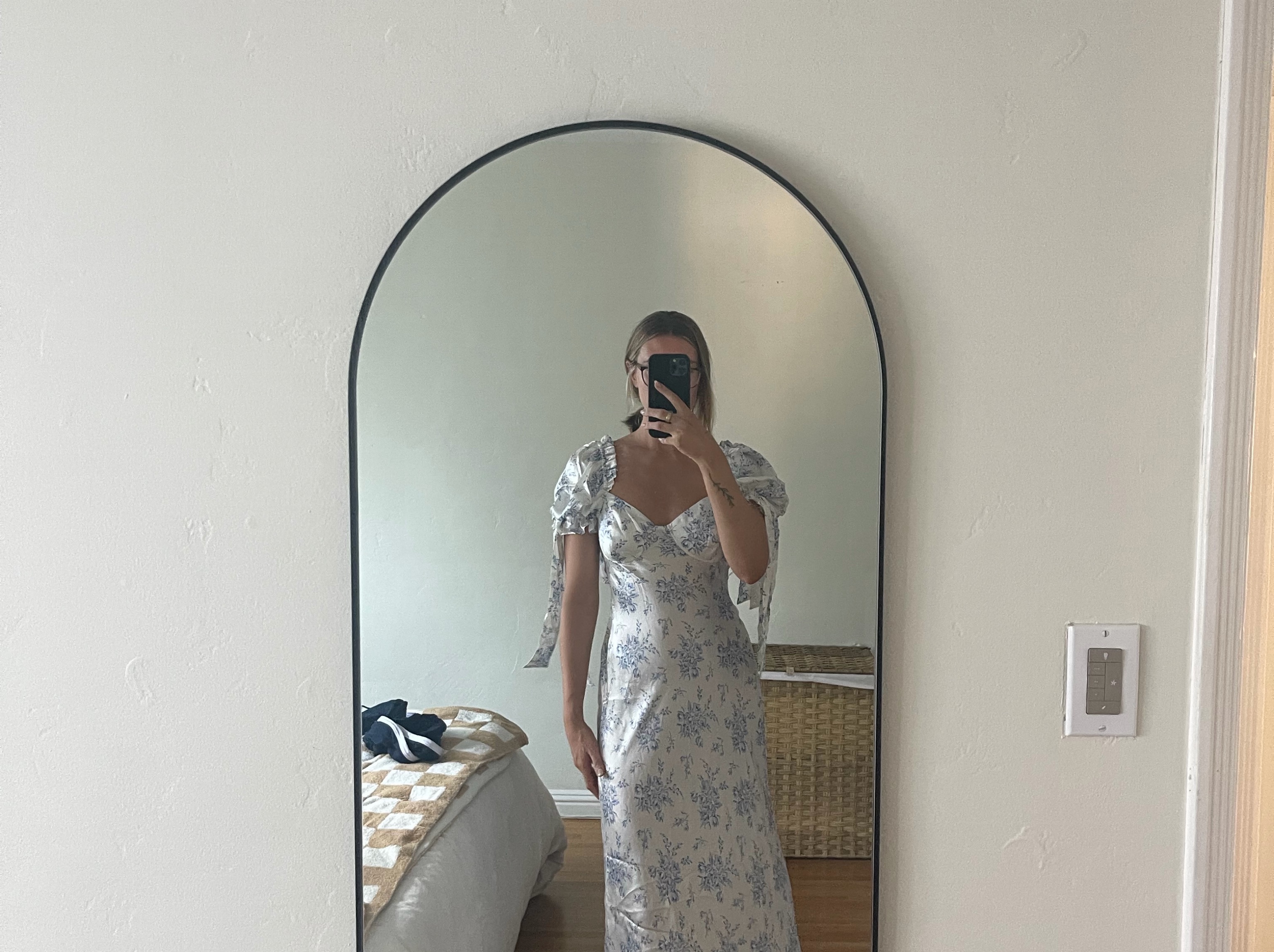 selkie blue dress and White Slip by Selkie scheels2 Tray table down and Flowing strappy 100% linen Polka dot Size:6-7Y Dress