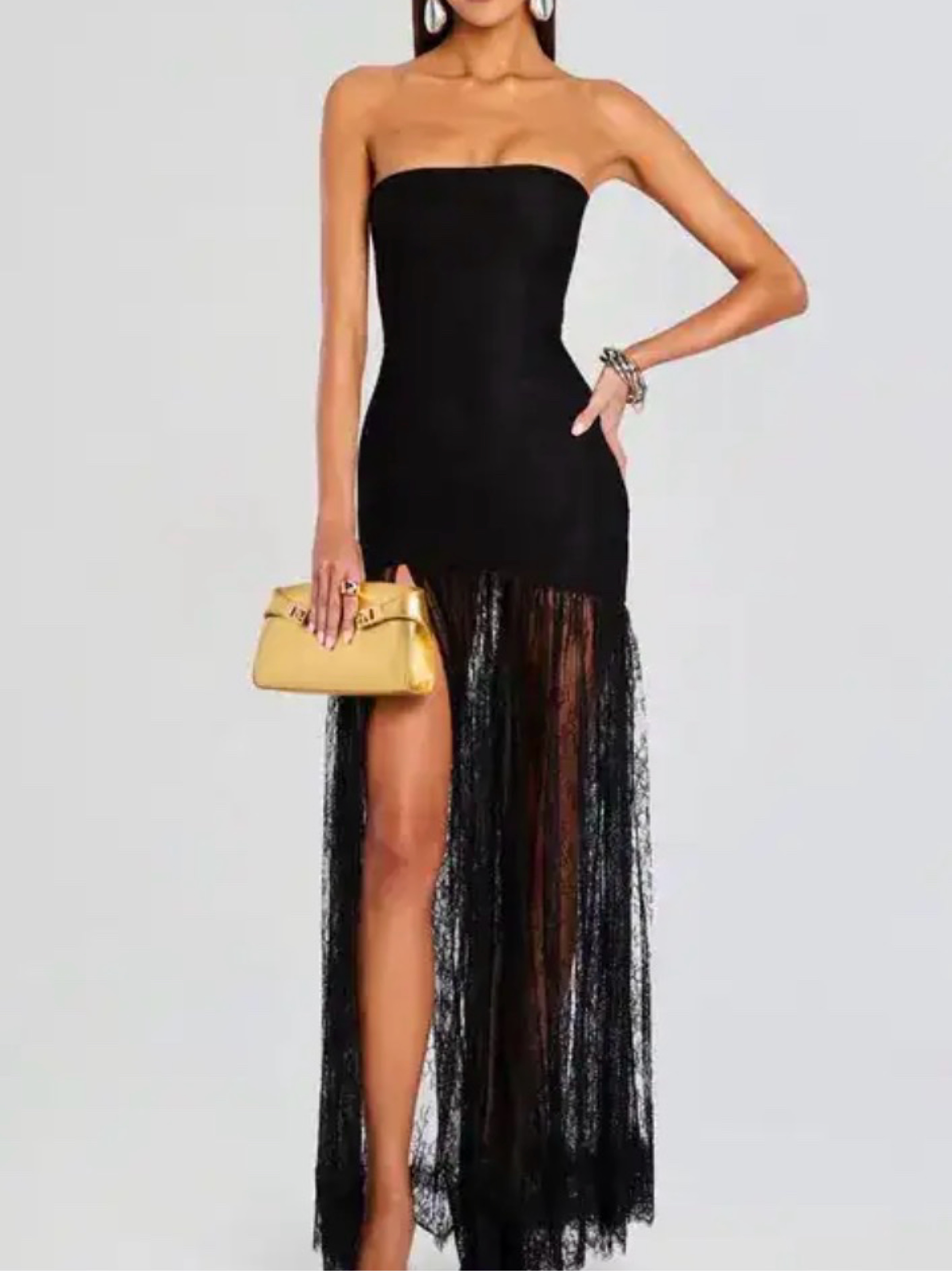 Black Lace Fringe Strapless Maxi Dress