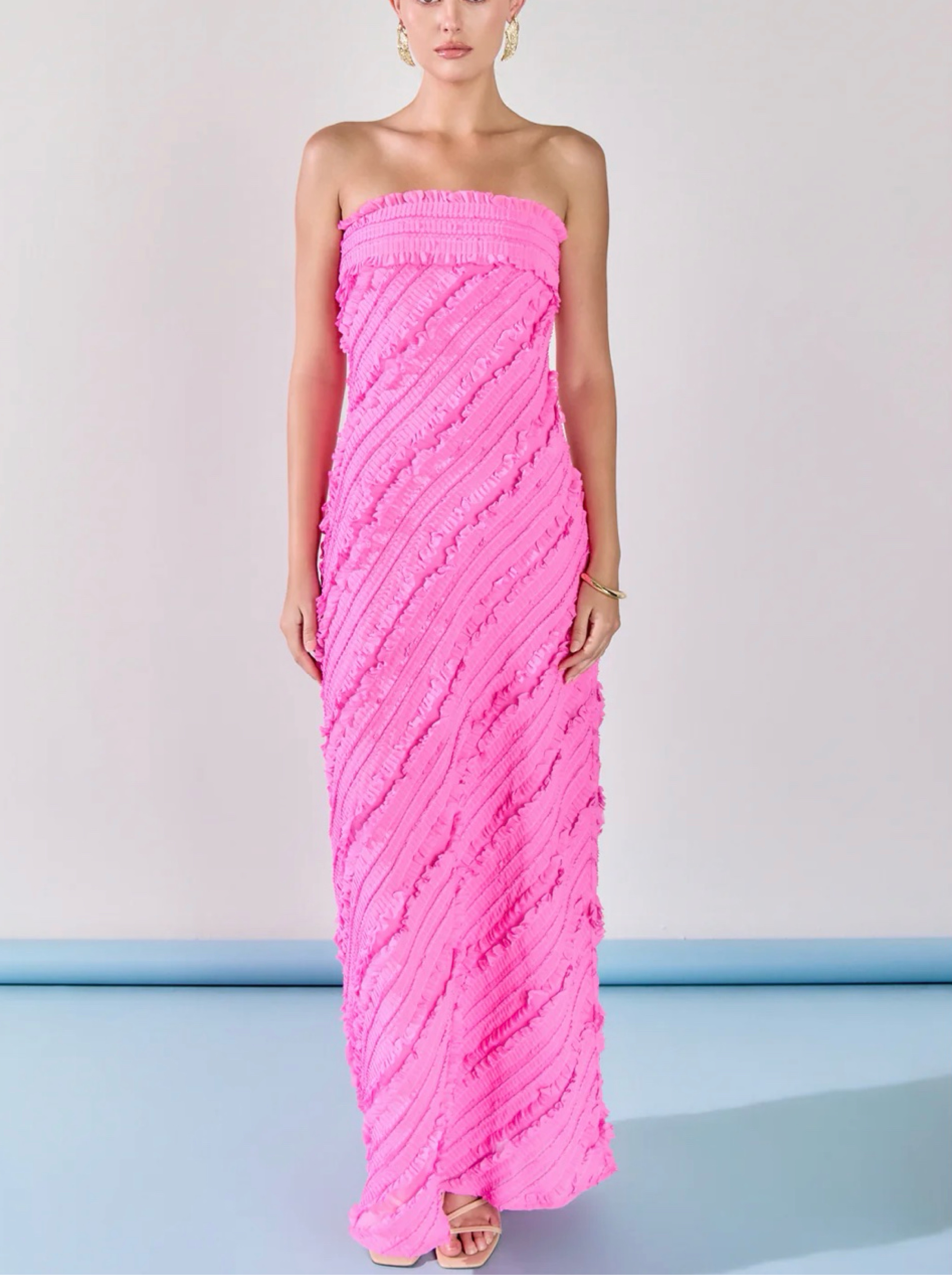 pink pleated strapless dress Pink A-Line Strapless Satin Pleated Long Formal Prom Dress