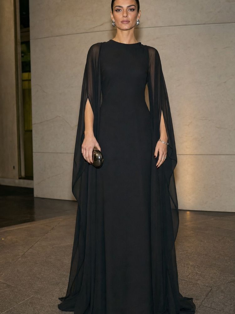 Black Chiffon Cape Gown