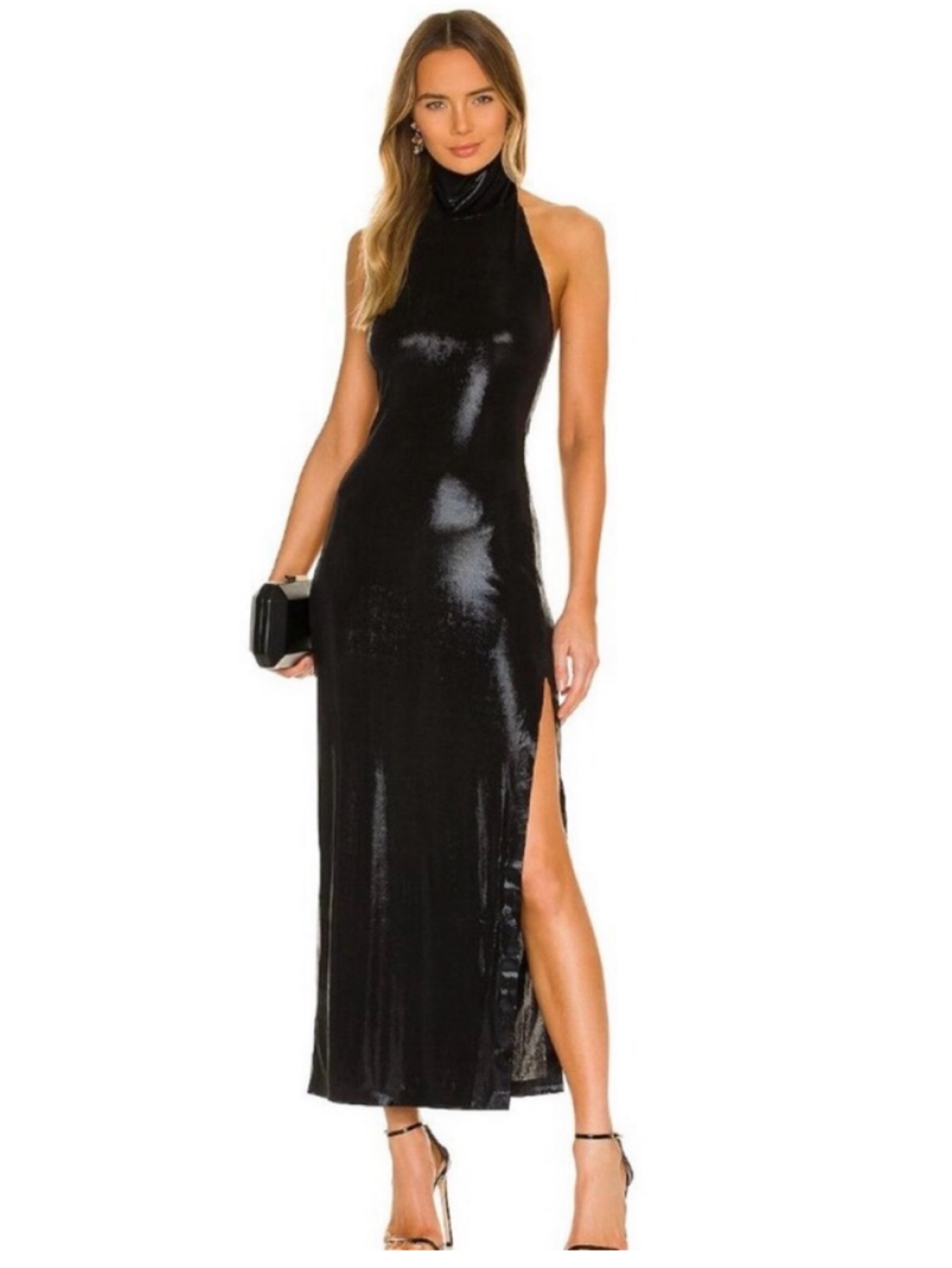 Norma kamali halter turtle side slit gown in black satin by Norma