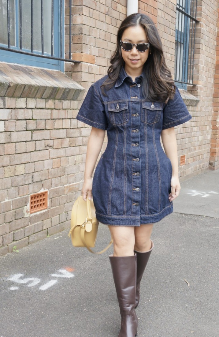 anko denim dress Look 4 for Anko 2025- The Midnight Flair Fitted denim gown with a low waistline and a pleated flared bottom for an elegant silhouette. This chic design blends timelessrn sophistication, featuring long