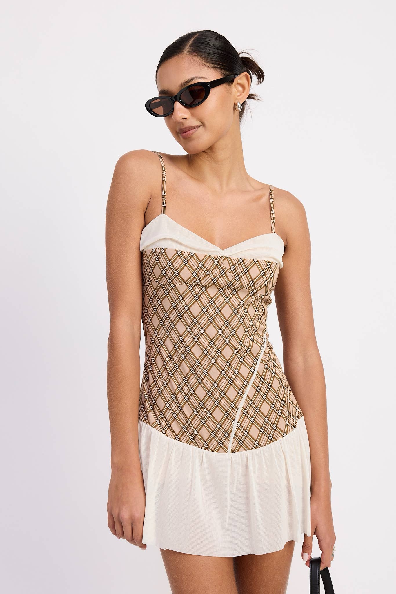 Cream Plaid Camisole Mini Dress