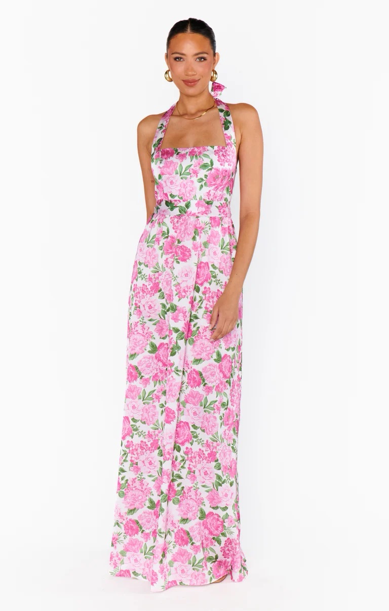 Show Me Your Mumu Hazel Halter Maxi Dress in a pink floral print