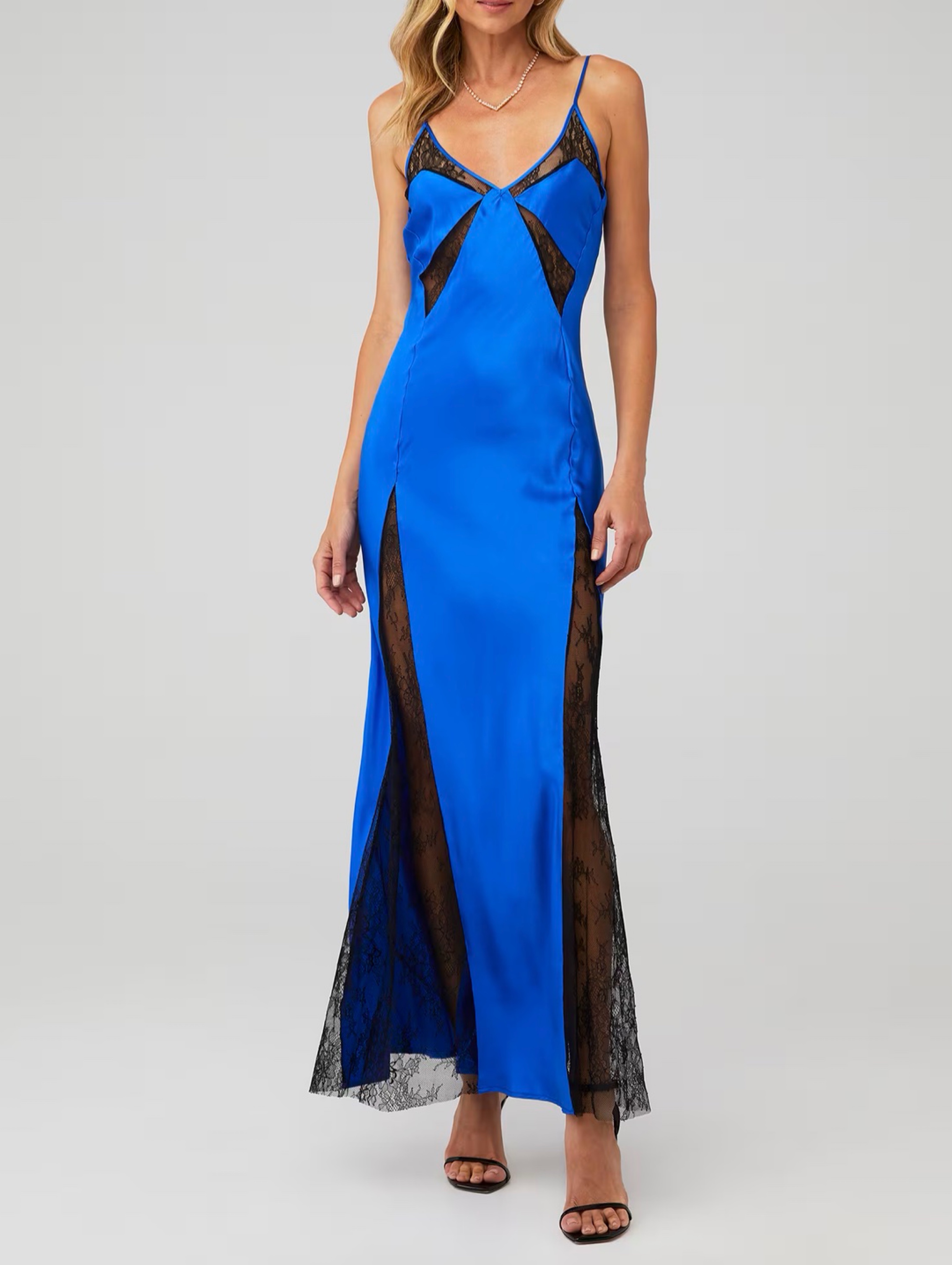 Delfi Collective Alexis Cobalt Blue Satin Lace Maxi Dress S/XS