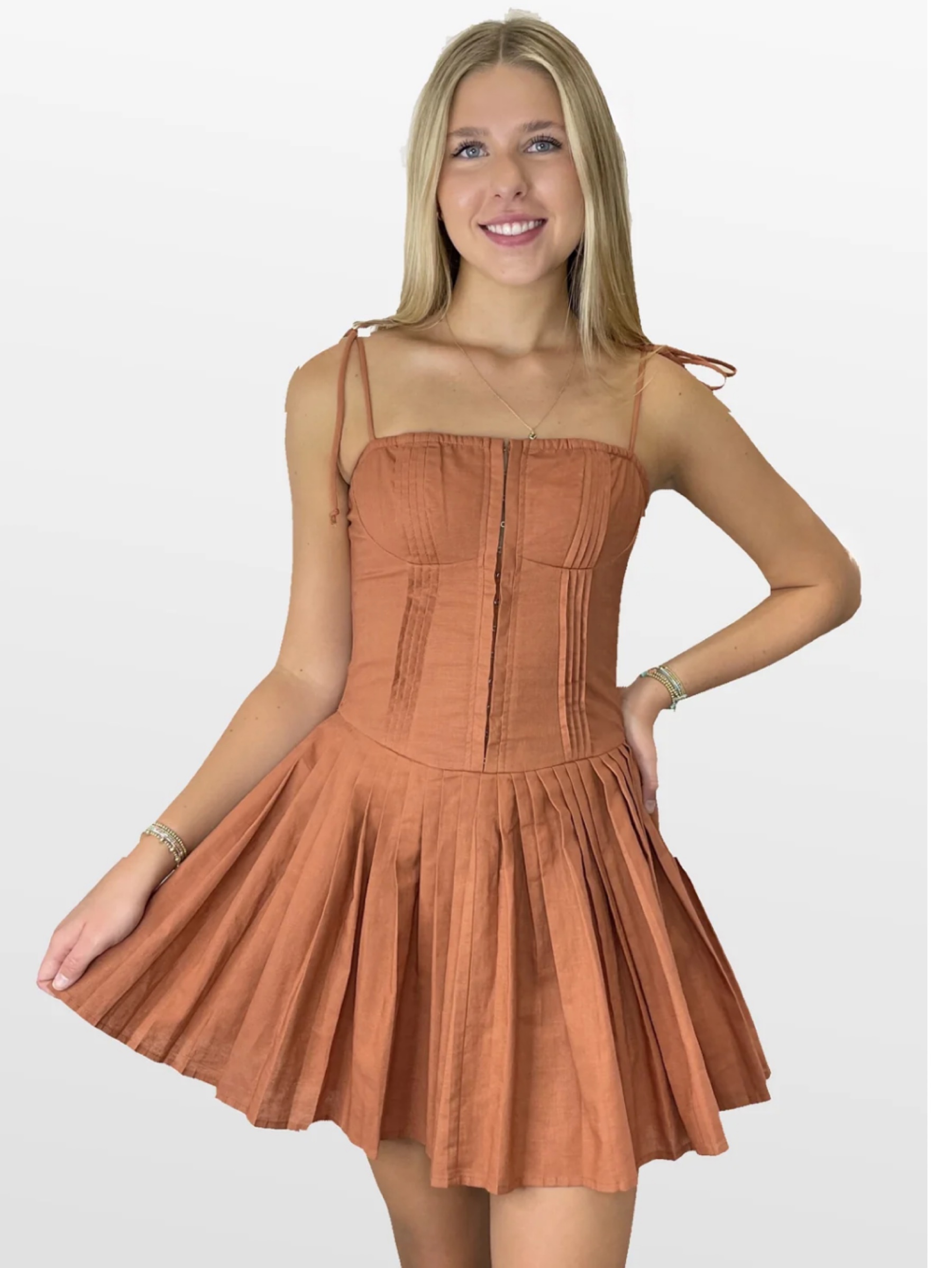 sky to moon brown bustier dress Rust Linen Corset Midi by Fury Over Millie Bobby