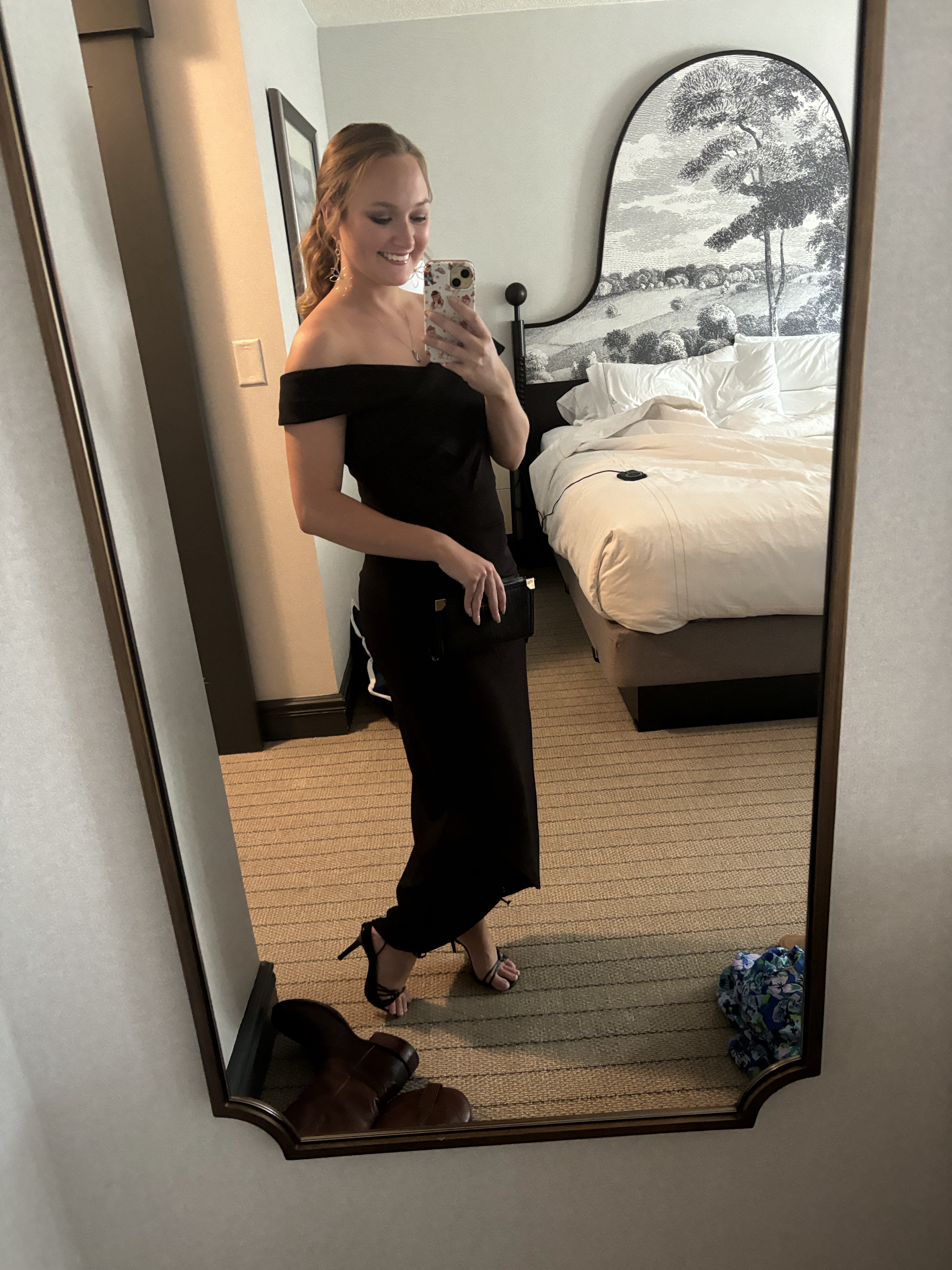 Black off the shoulder formal midi to ankle length dress