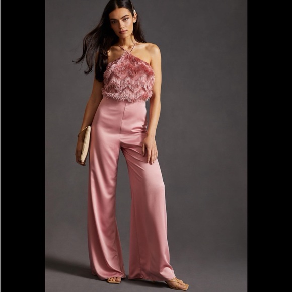 Hutch pink fuzzy fringe jumpsuit with cutouts