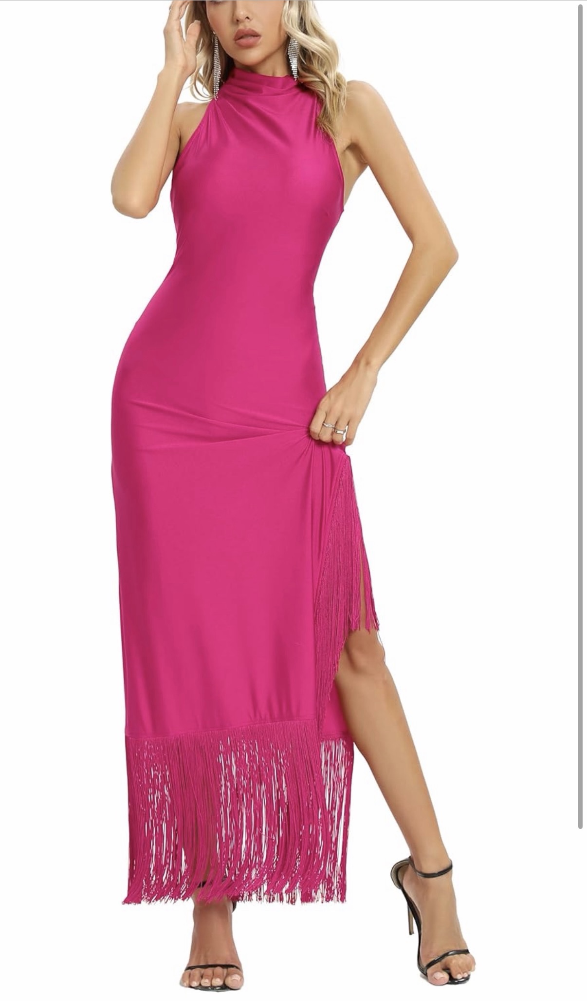 Hot pink mock neck fringe hem formal dress size small