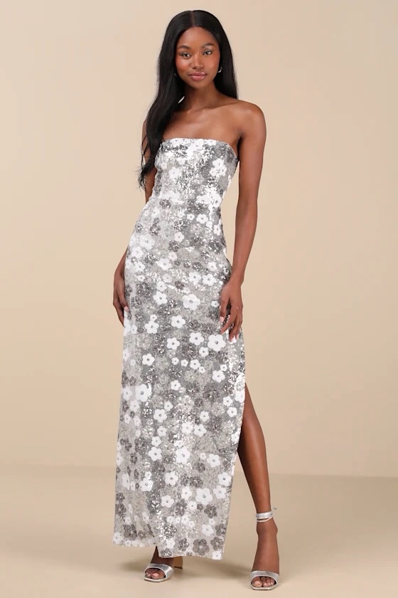 Pazzi Silver Floral Sequin Strapless Column Maxi Dress lulus size small