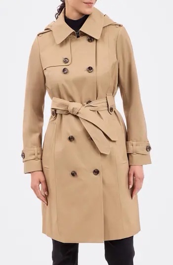 London fog tan trench rain coat with hood