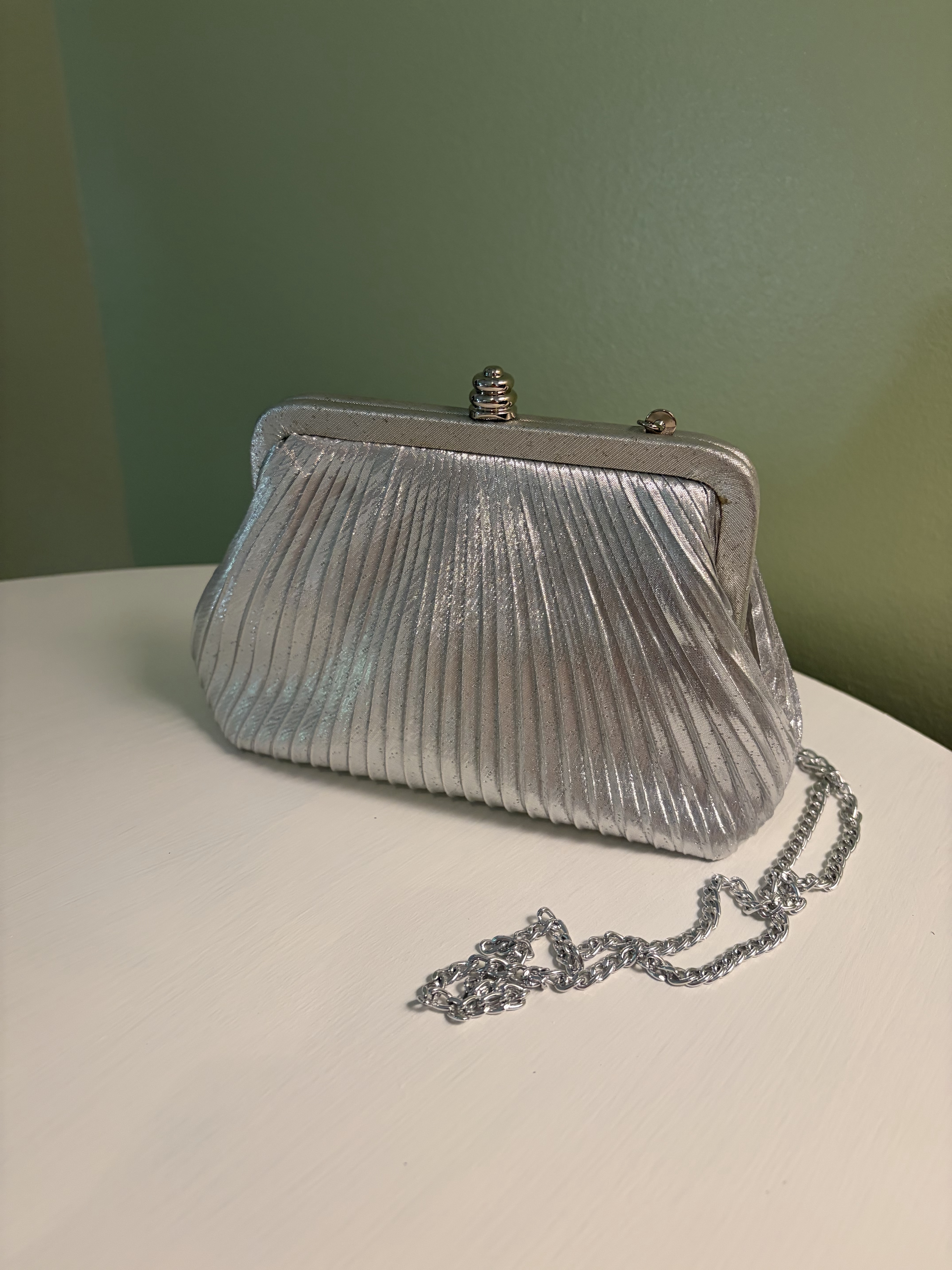 Silver ruched clutch or crossbody with chain