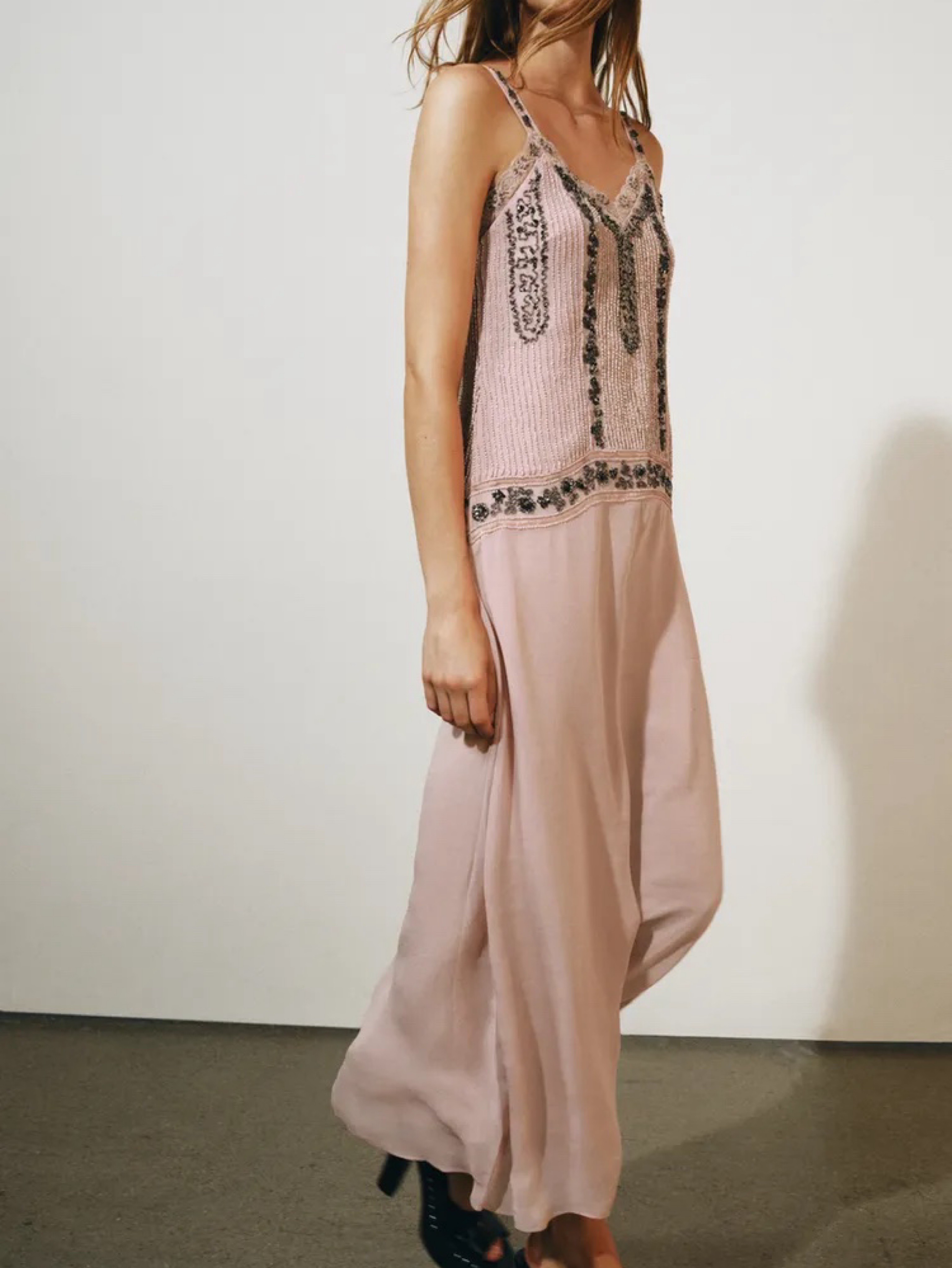 Baby Pink Beaded Lace Midi Dress