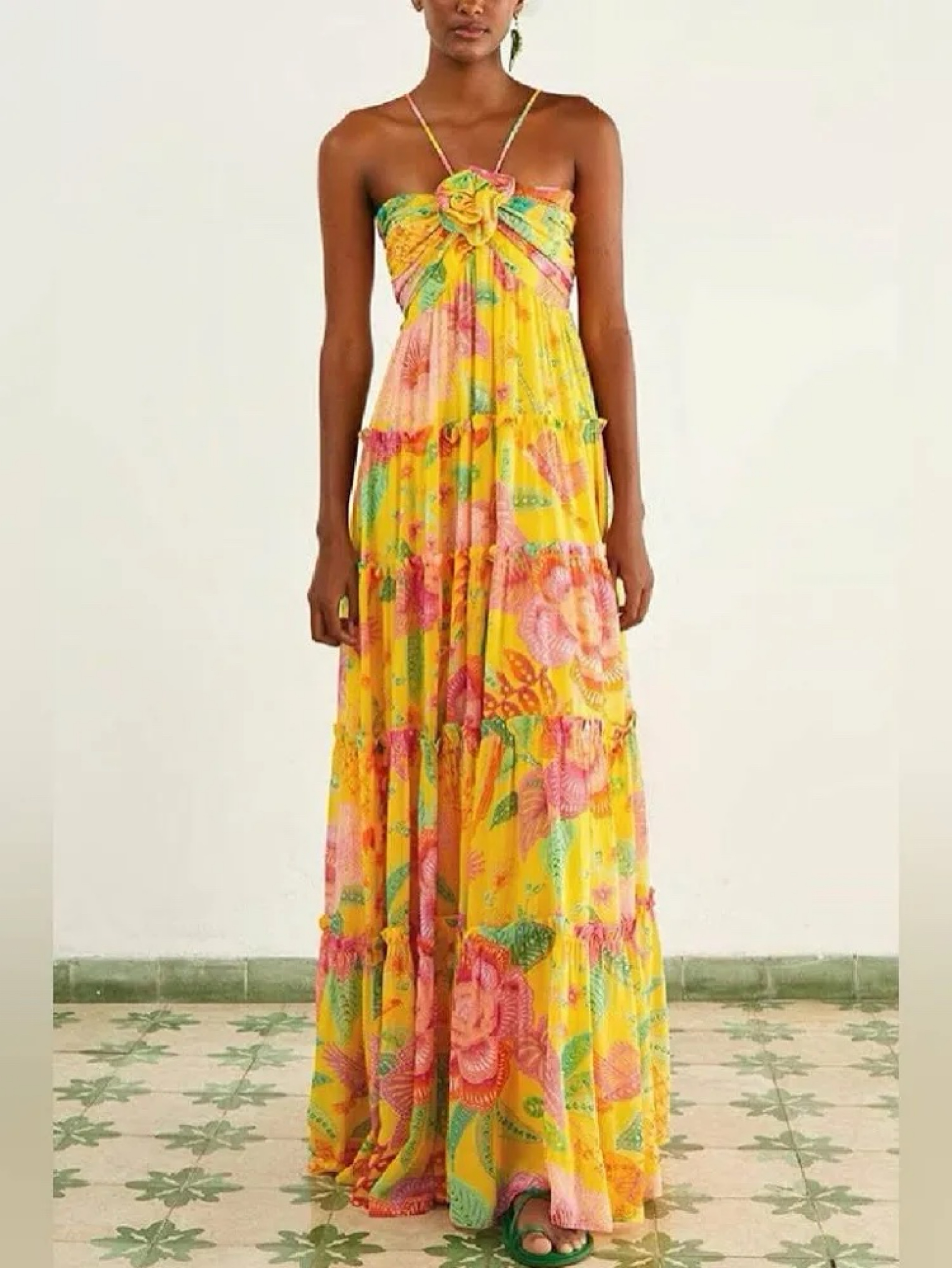 farm rio flower halter midi dress Farm Rio Linen Halter Drop-Waist Midi Dress