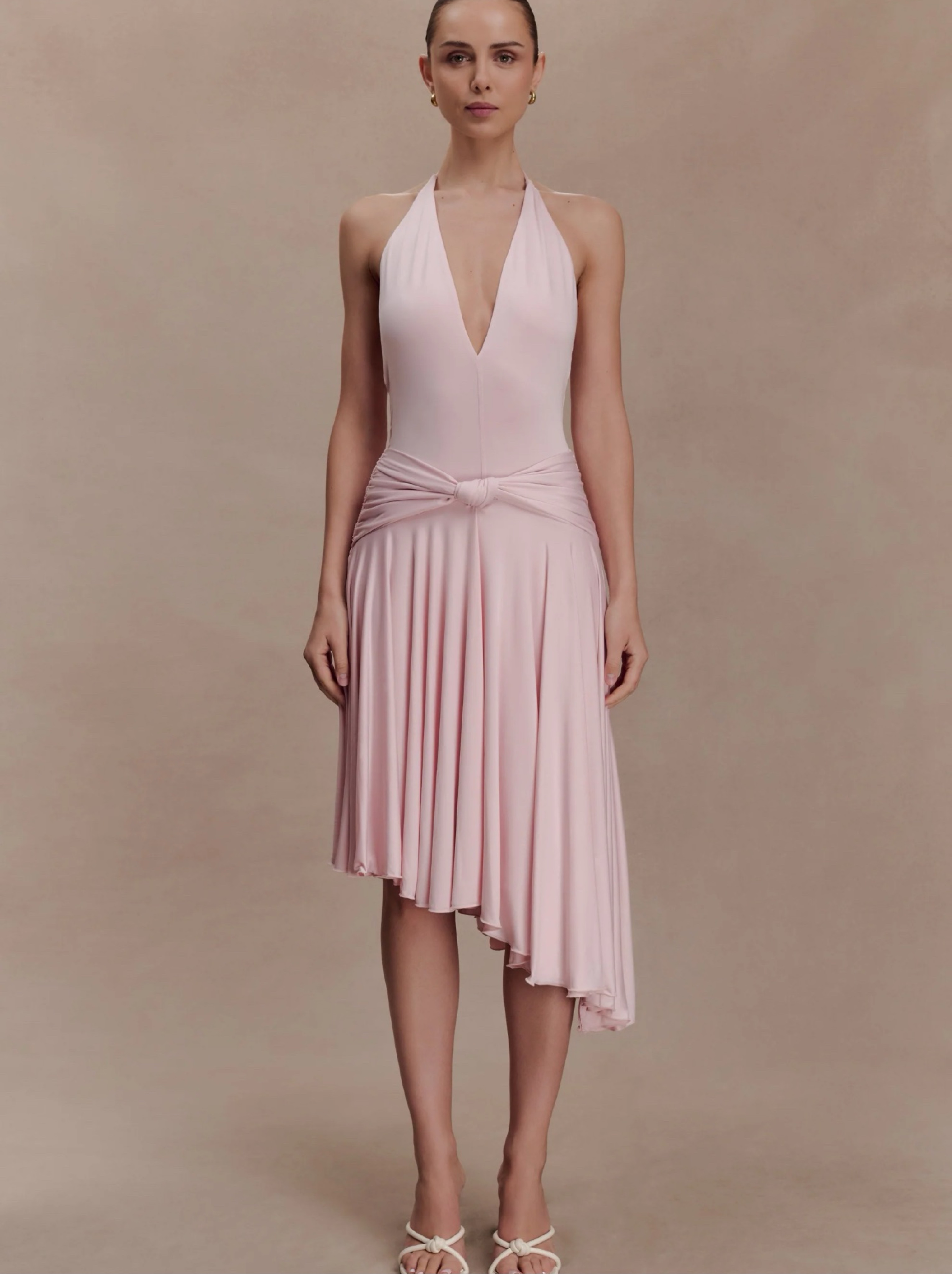 Meshki Ballet Pink Halter Pleated Midi Dress