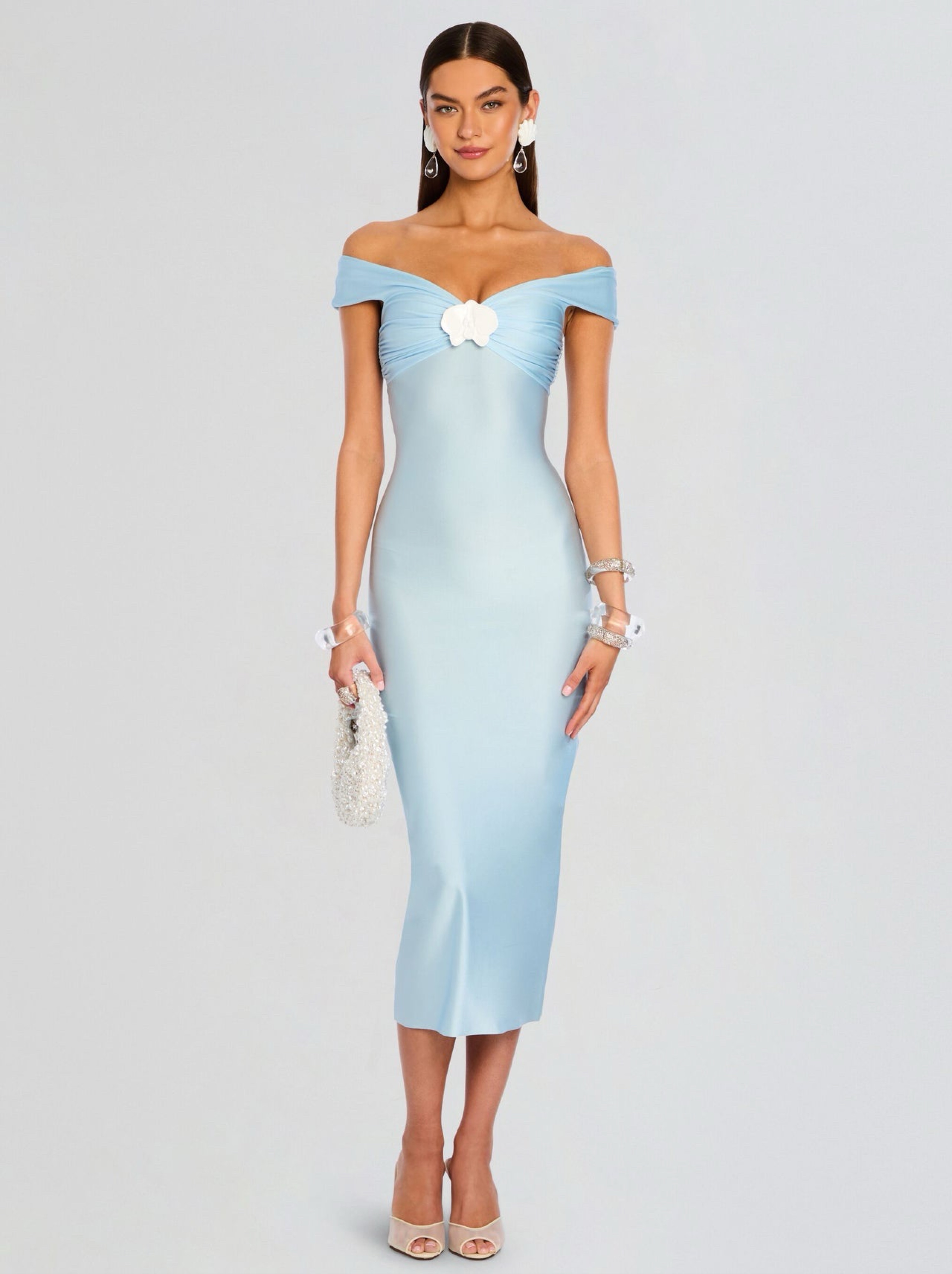 Retrofete Blue Off-Shoulder Midi Dress