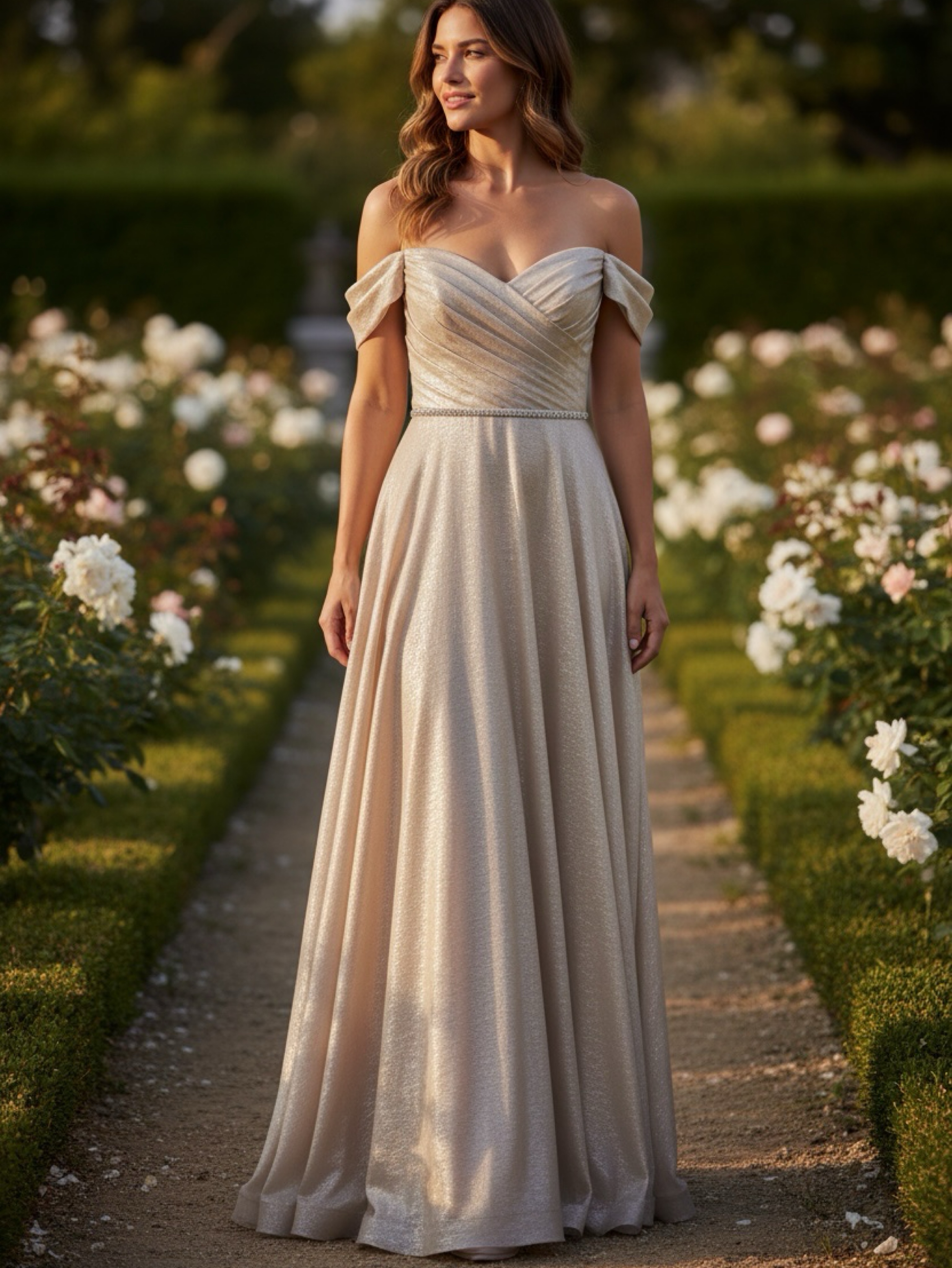Say Yes to the Prom Champagne Off-Shoulder Gown