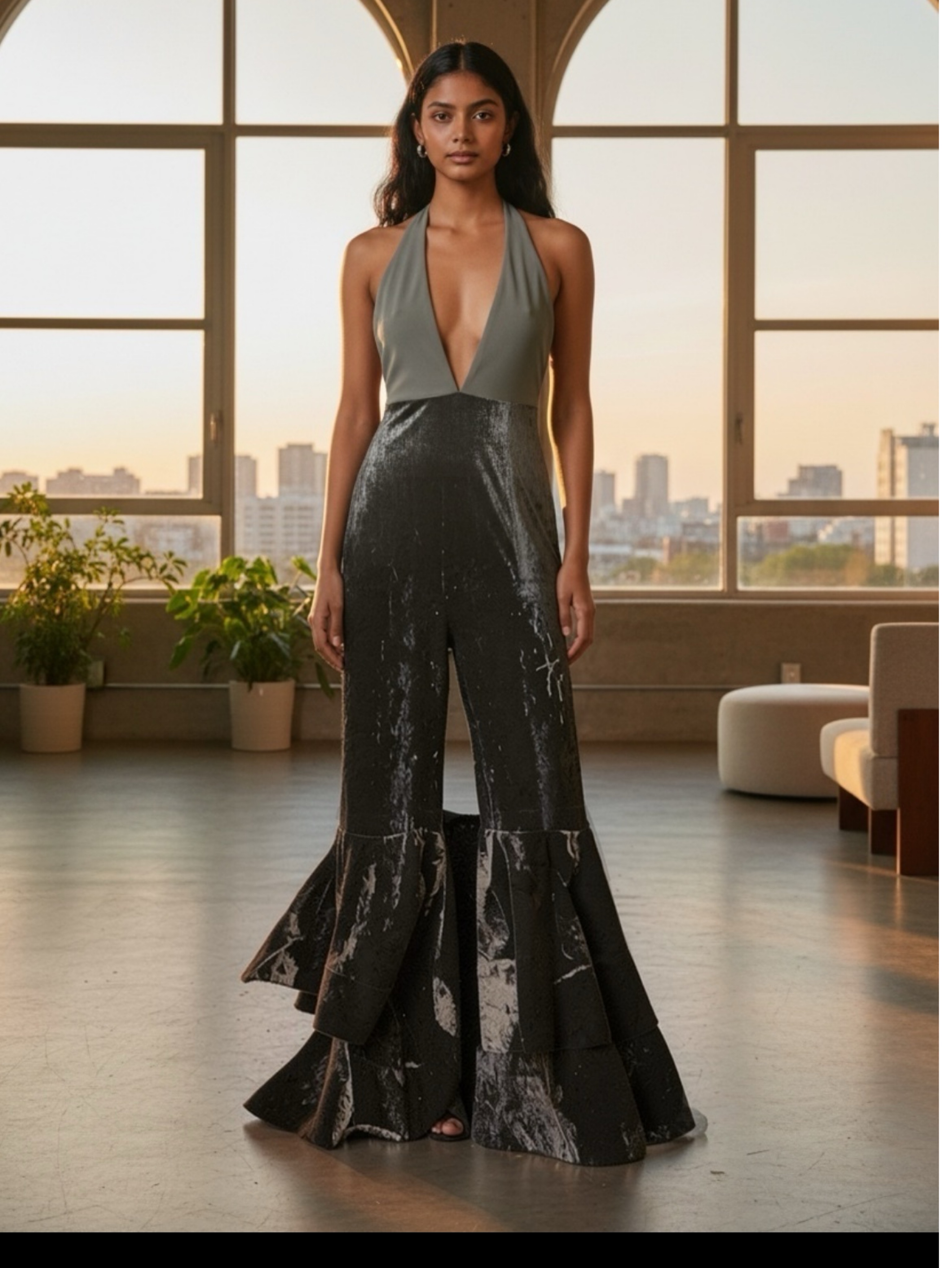 Green Velvet Flare Halter Jumpsuit