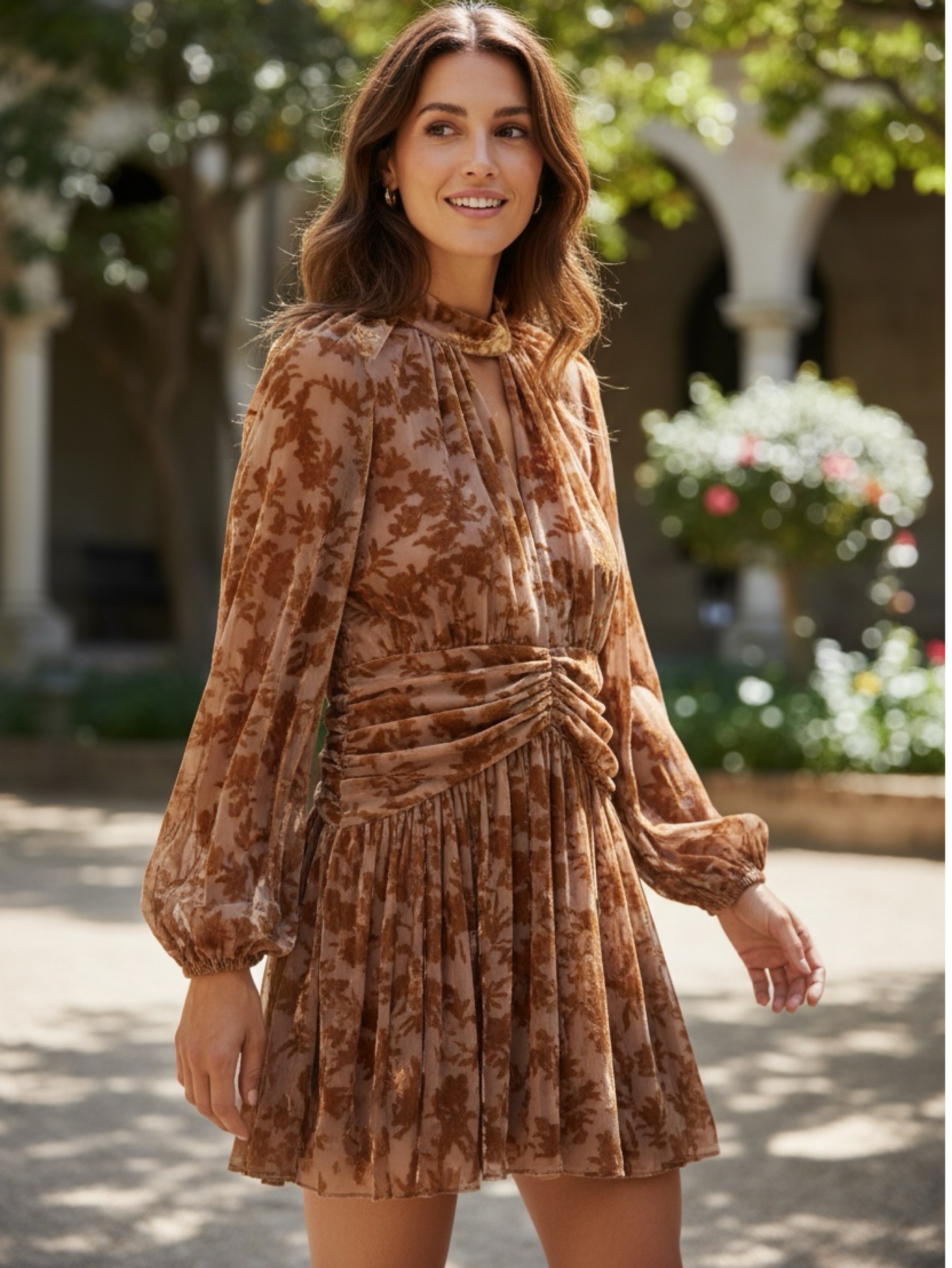 Parker Tan Velvet Floral Mini Dress