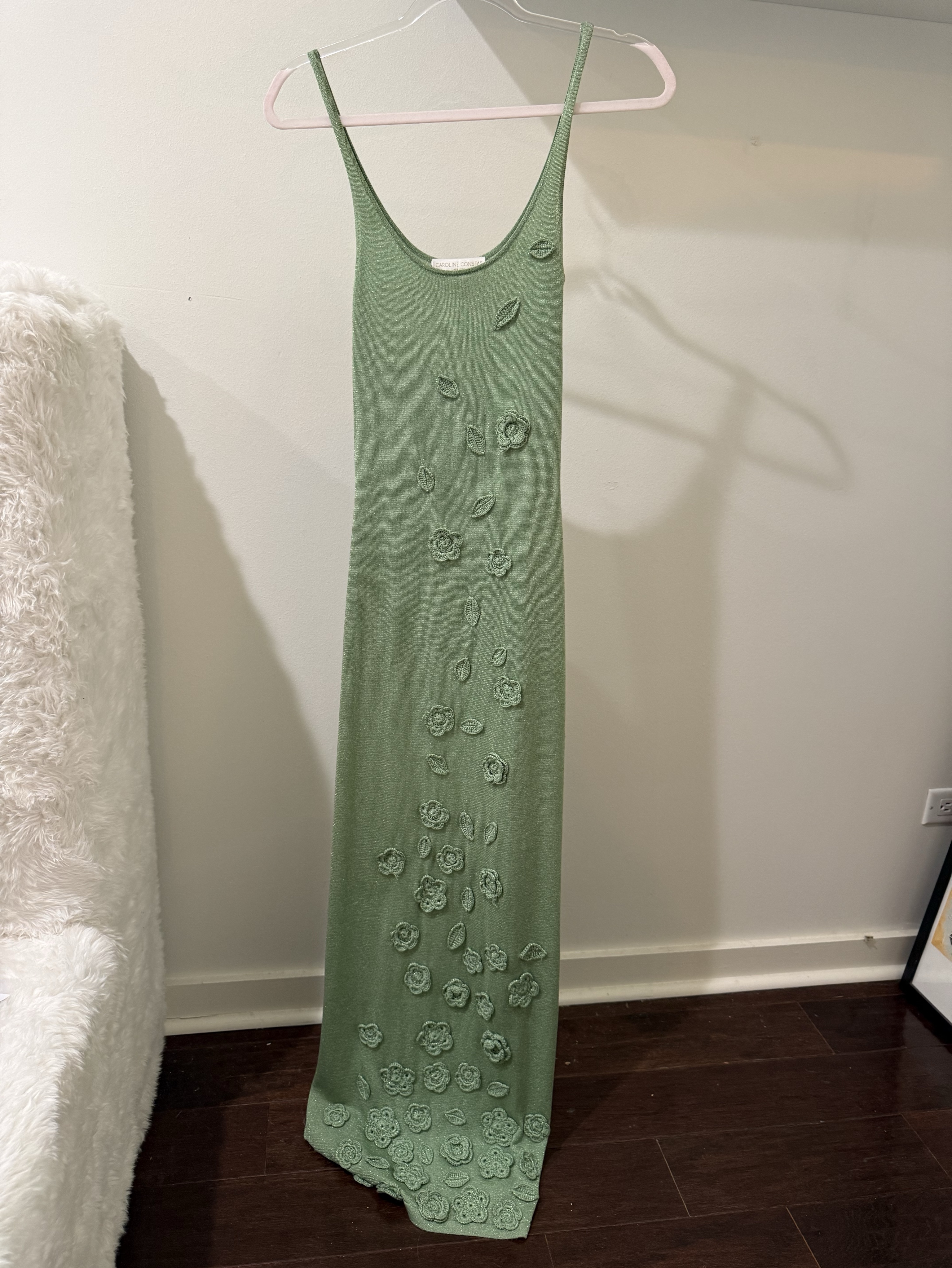 caroline constas knit dress Caroline Constas NY ribbed midi knit dress crochet collar nude ran small s