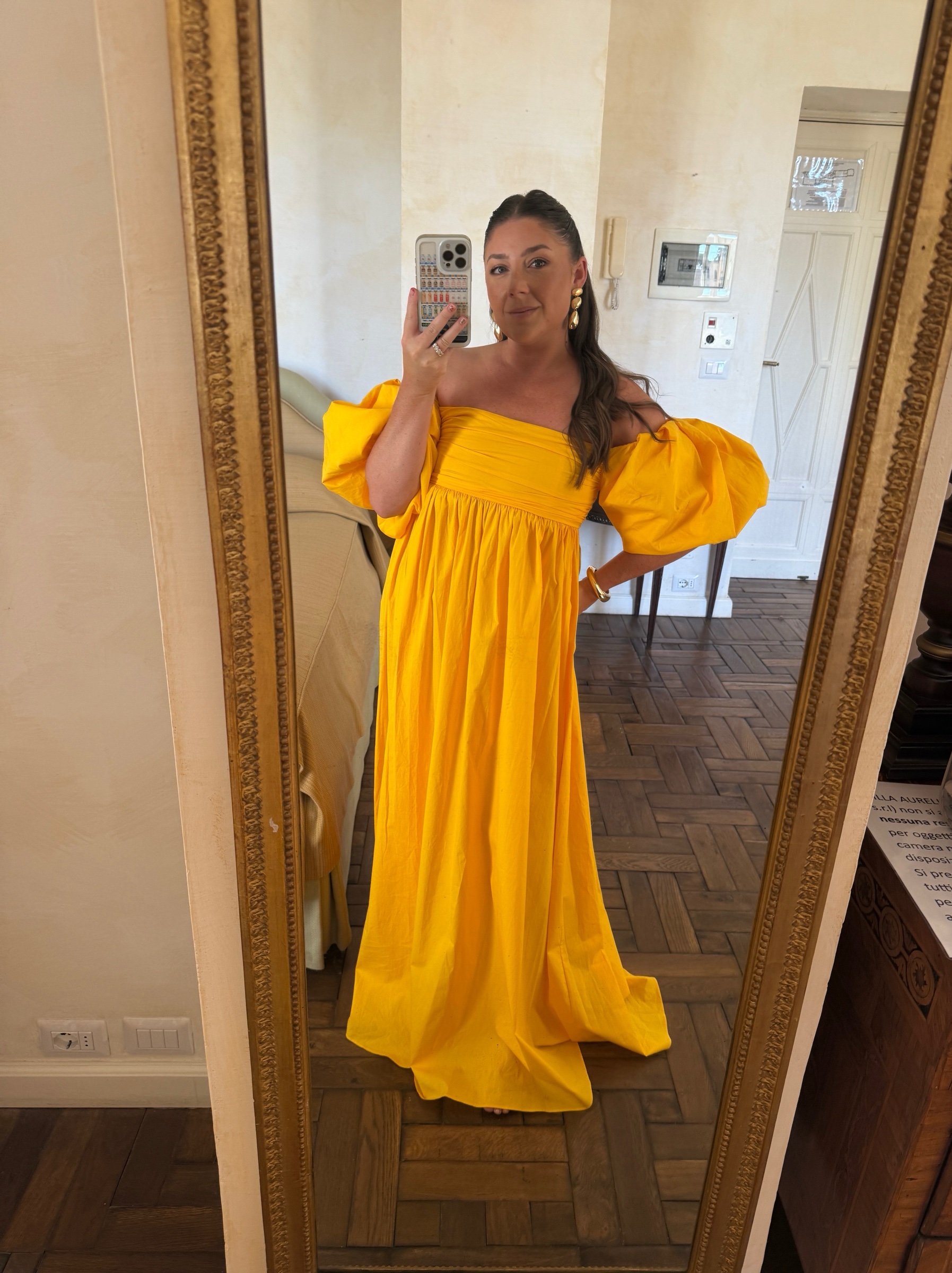 Yellow Off-Shoulder Puff Sleeve Maxi Dress by Caroline Constas