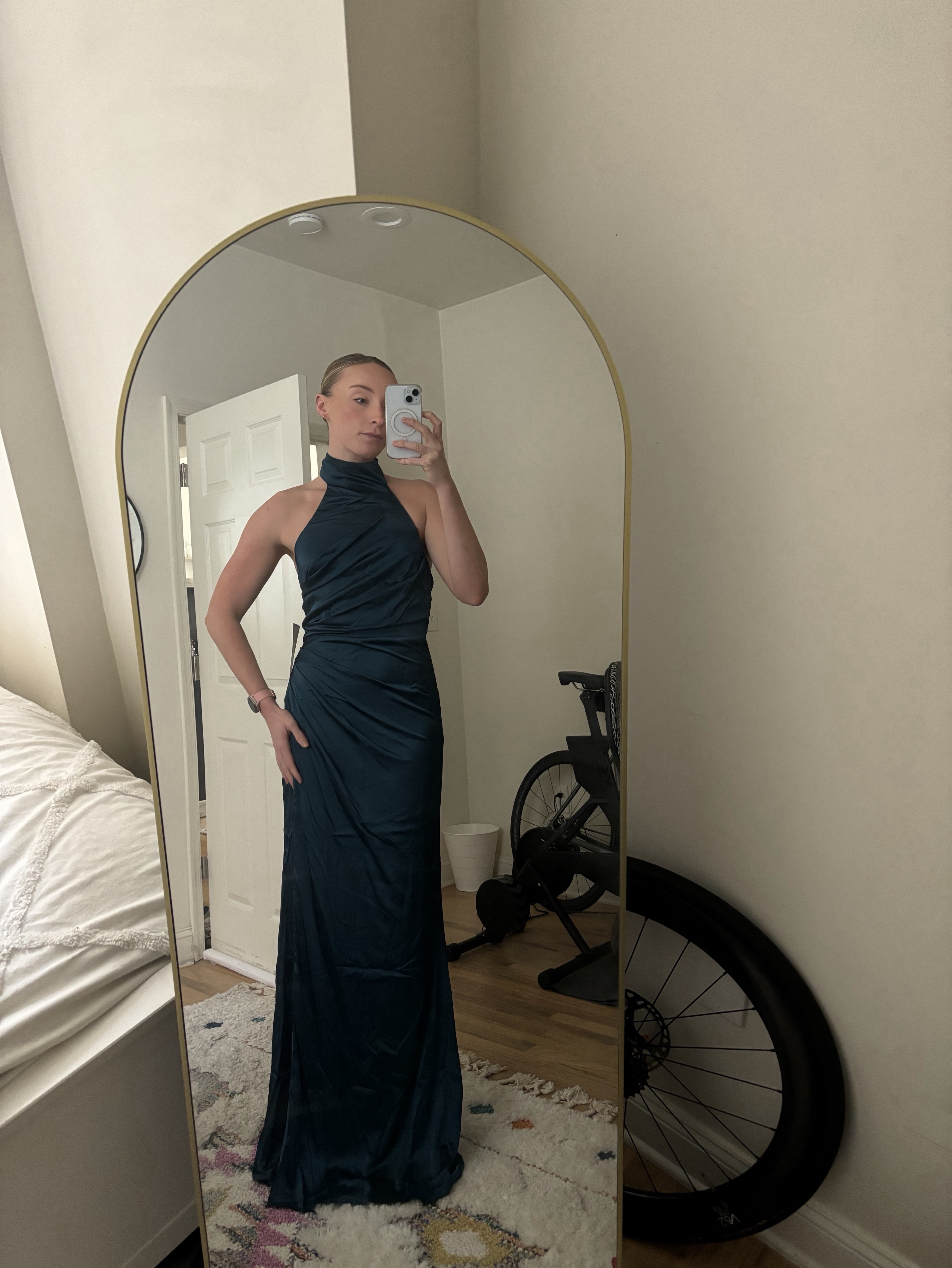TFNC Tall - satin high halter neck maxi dress in teal