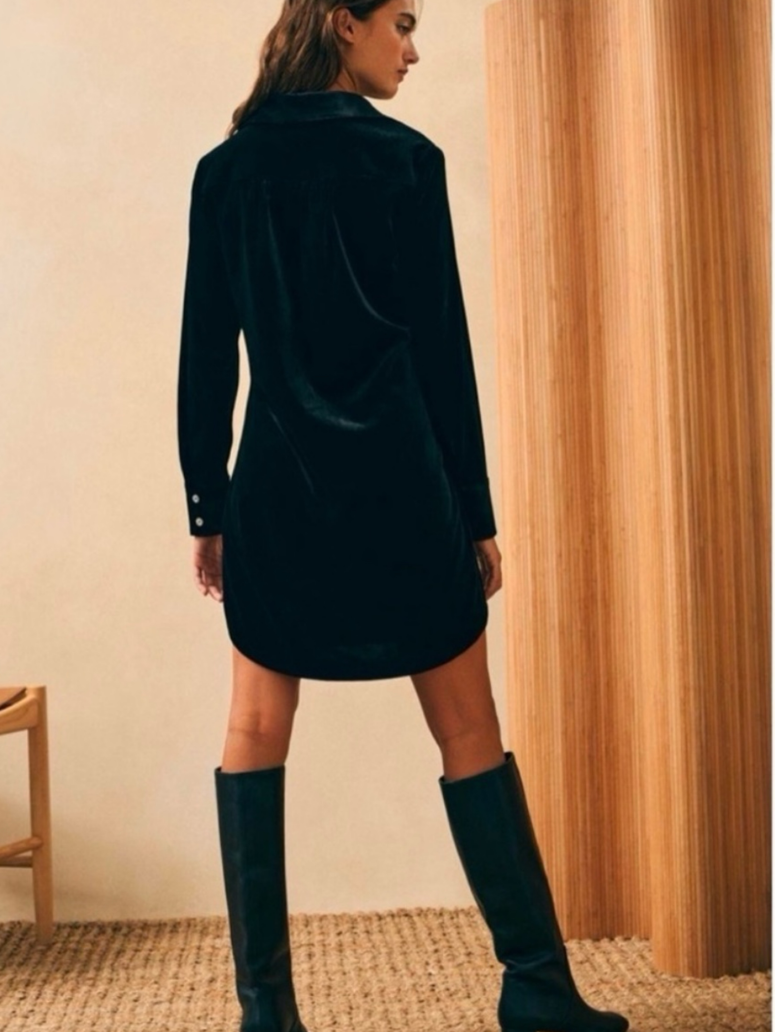 black velvet shirt dress The Tobie Long-Sleeve Velvet Neck-Tie Mini Shirt D