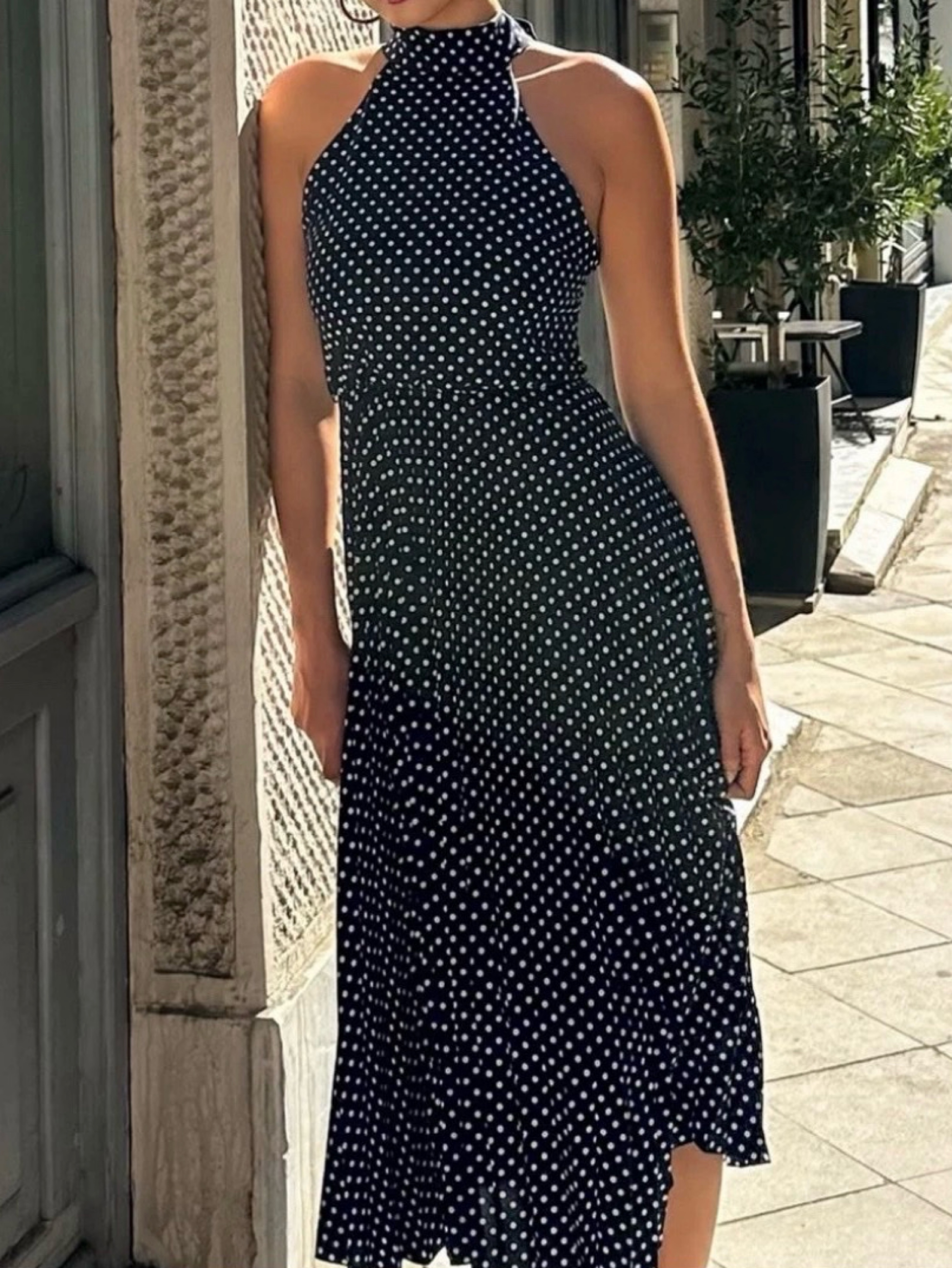navy and white polka dot midi dress Ruffle Neck Midi Dress-Navy Polka Dot L