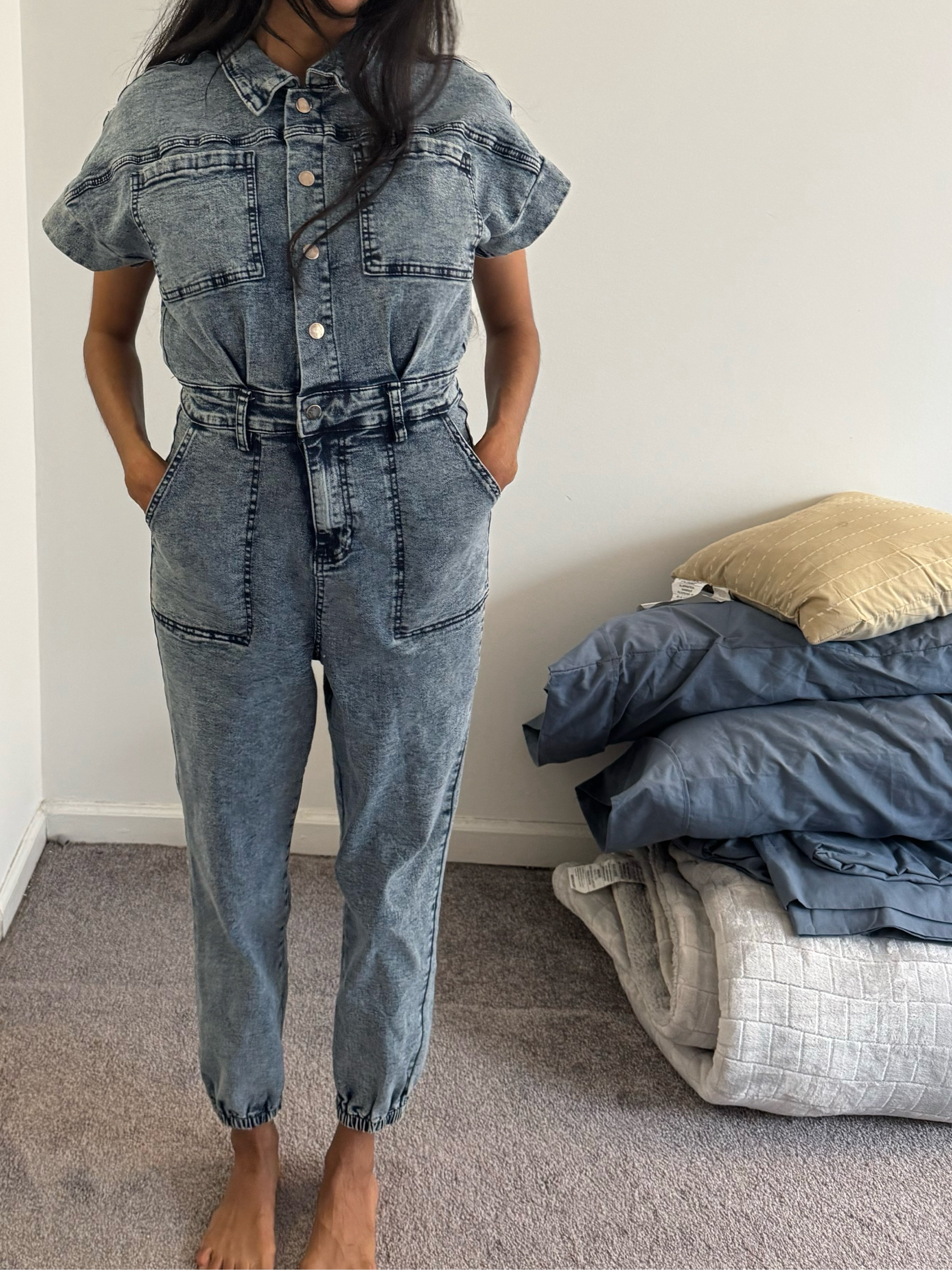 Denim jumpsuit with sleeves
