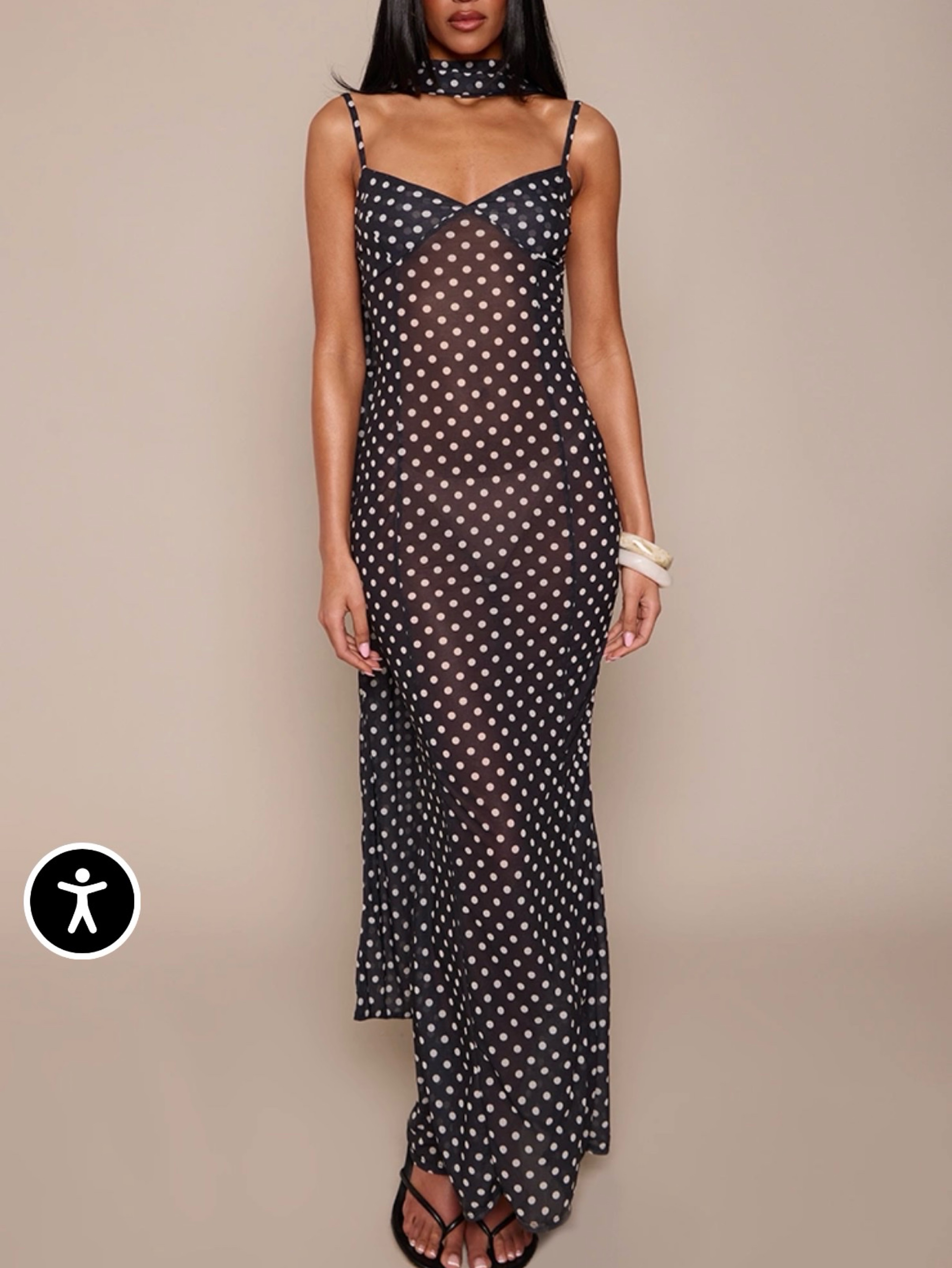 TALL BLACK POLKA DOT CHIFFON SCARF PRINT MAXI DRESS