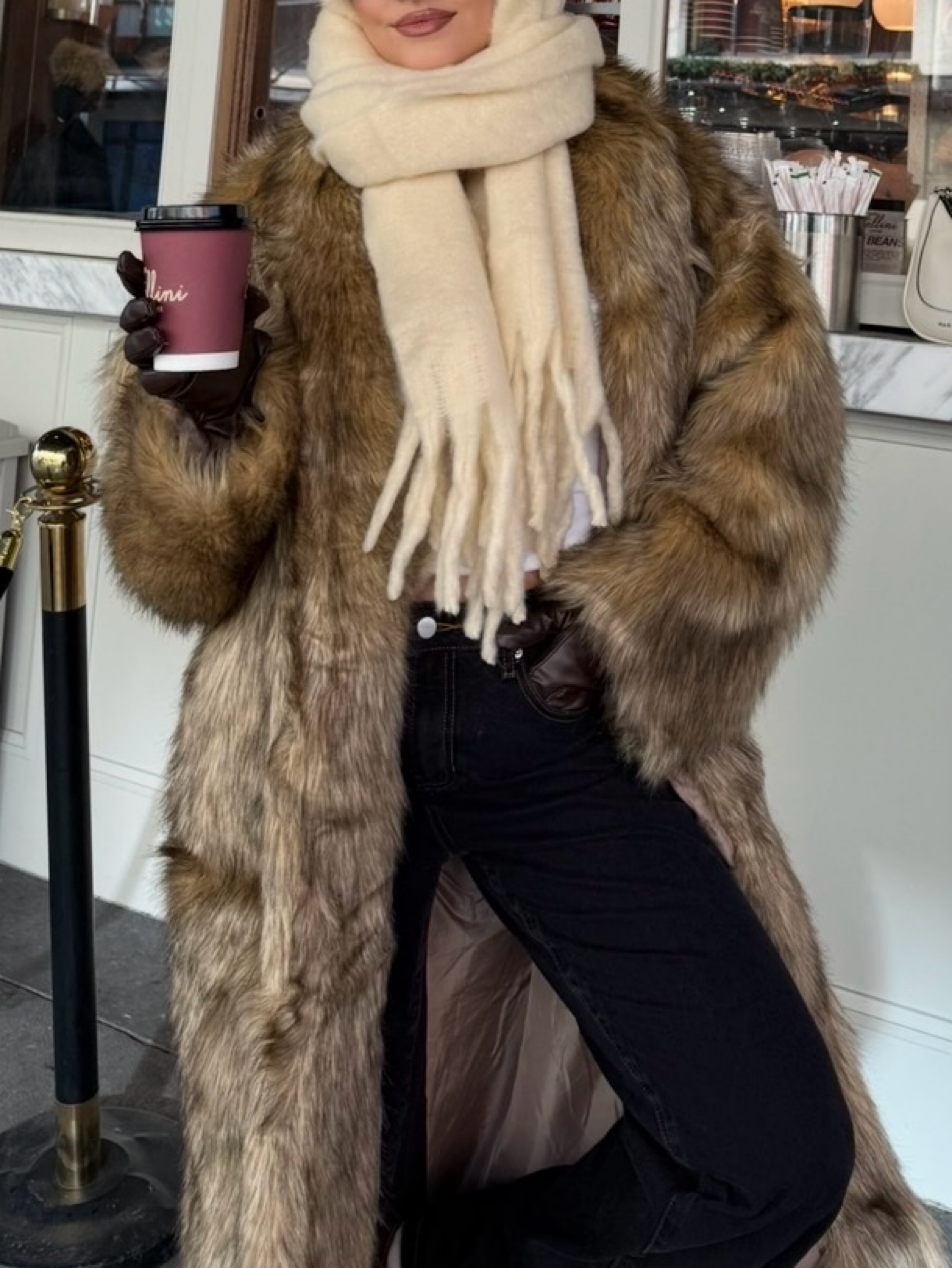 Aria Cove collarless oversized longline coat in brown tipped faux fur