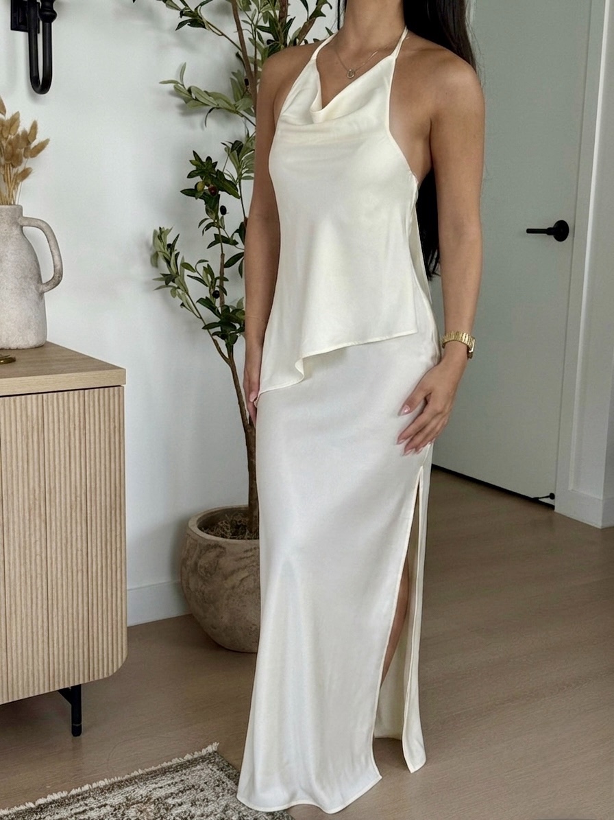 Cream Halter Asymmetrical Maxi Dress - Cream