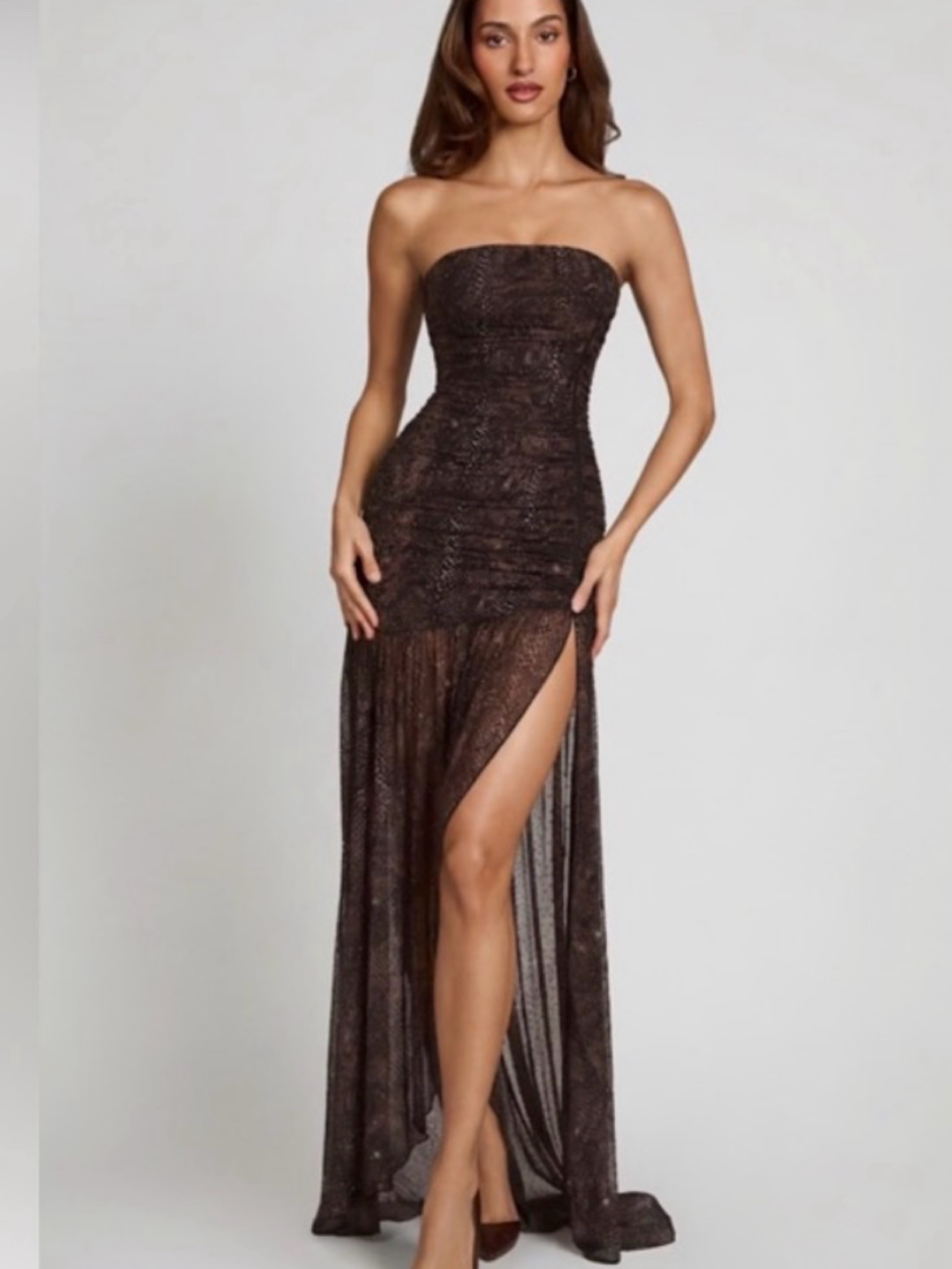 oh polly maxi dress Lace Ruffle in Blossom Pink Centre back zip fastening Nevali Bandeau Ruffle Detail Maxi