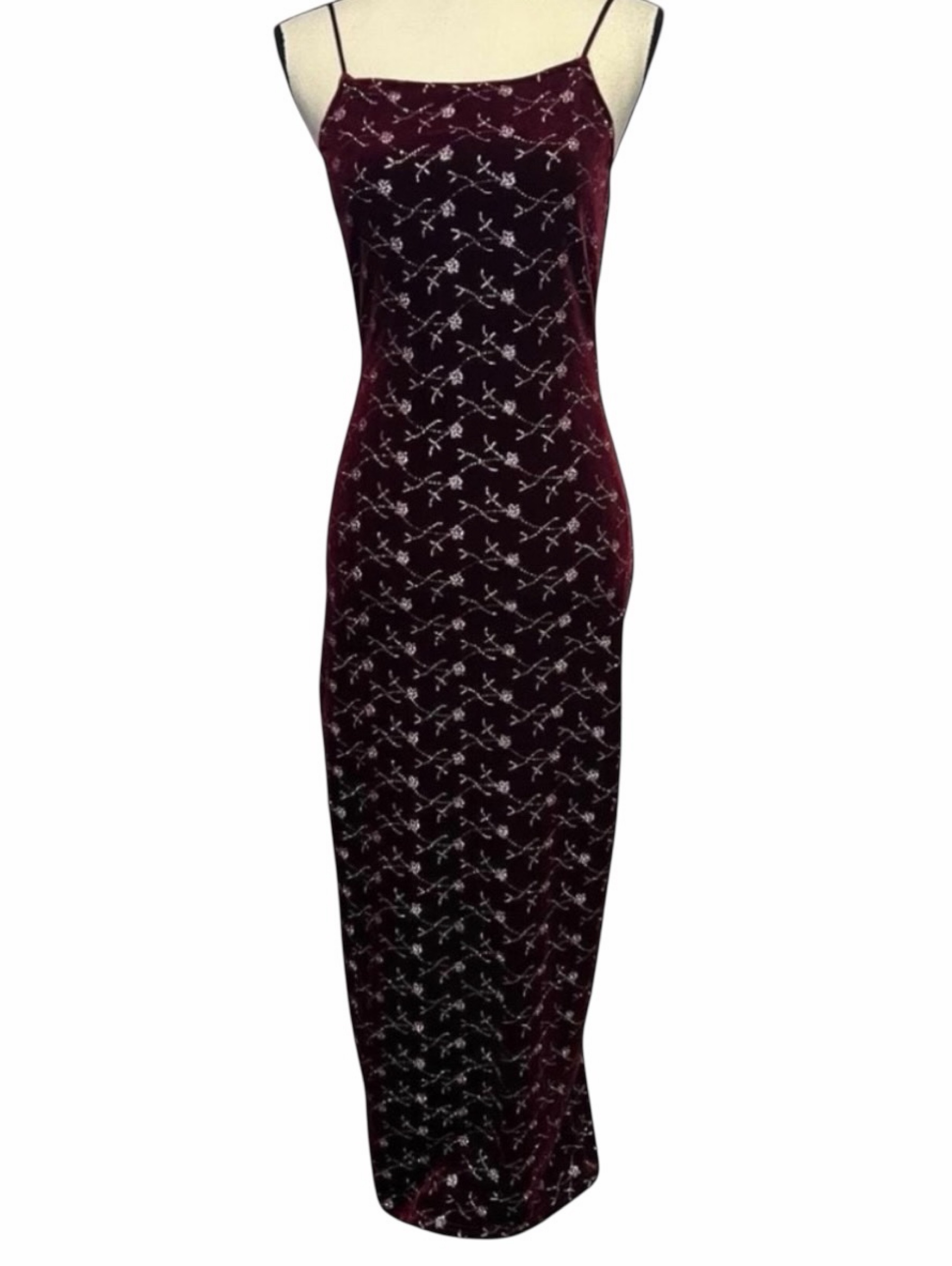 90s vintage square neck burgundy and silver glitter floral maxi velvet dress by Dillards