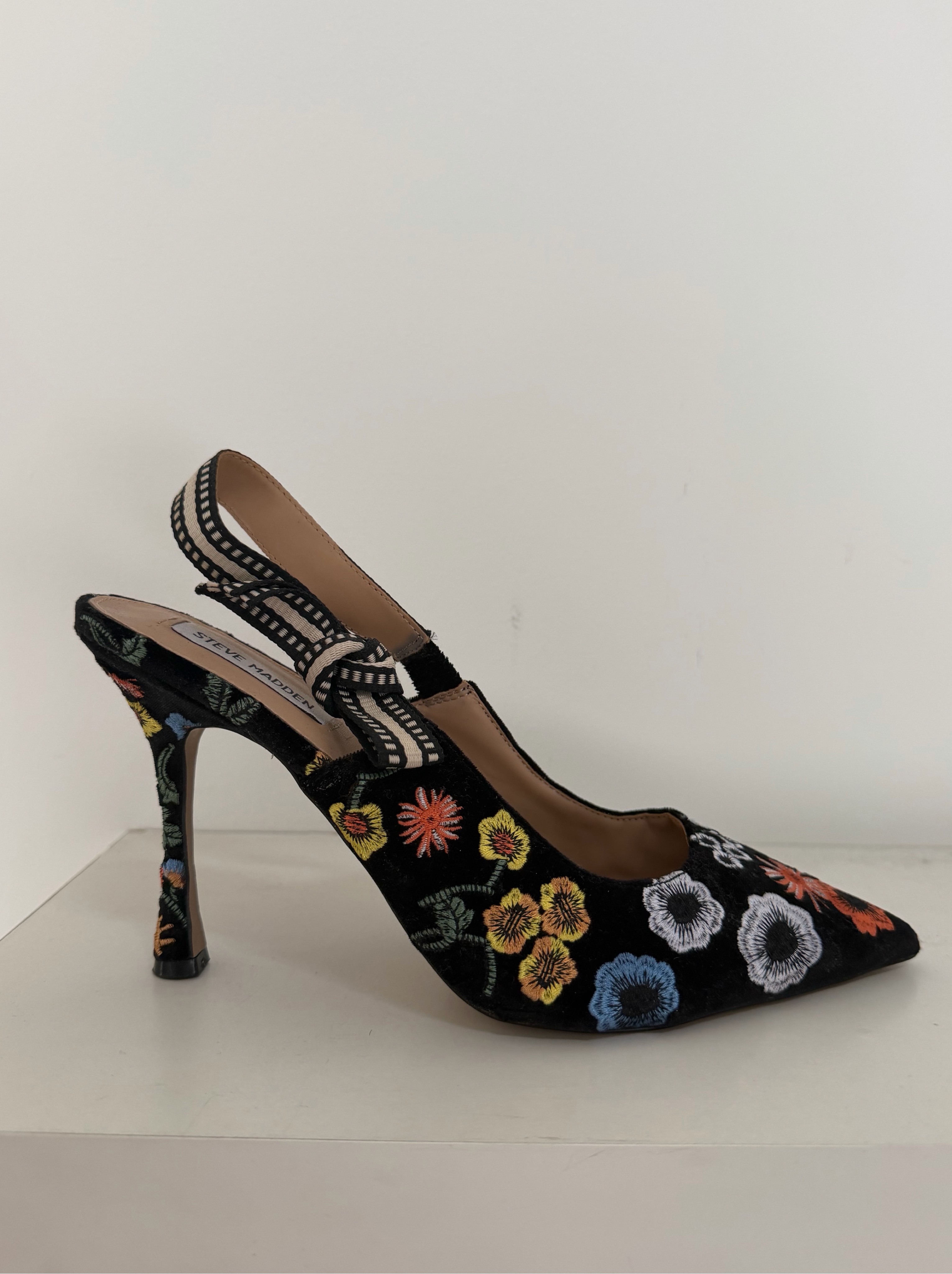 Black Embroidered Floral Slingback Heels