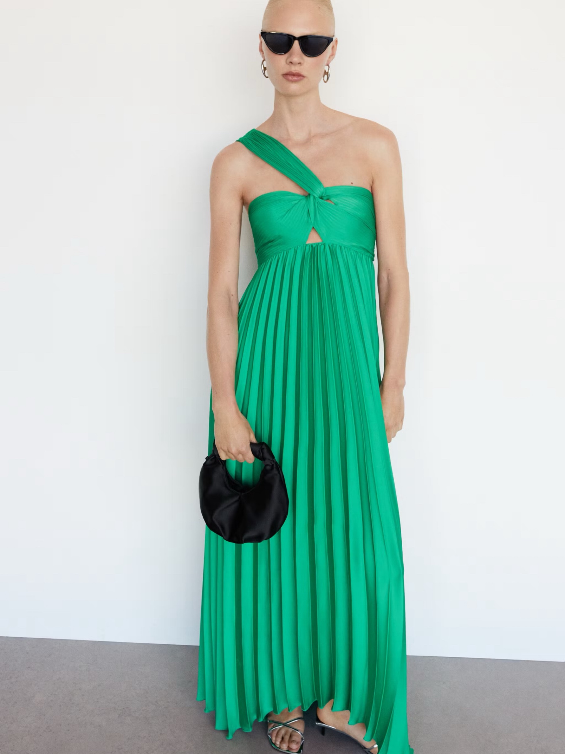 mango green pleated dress asymmetrical maxi by Mango Occasion:event-edit